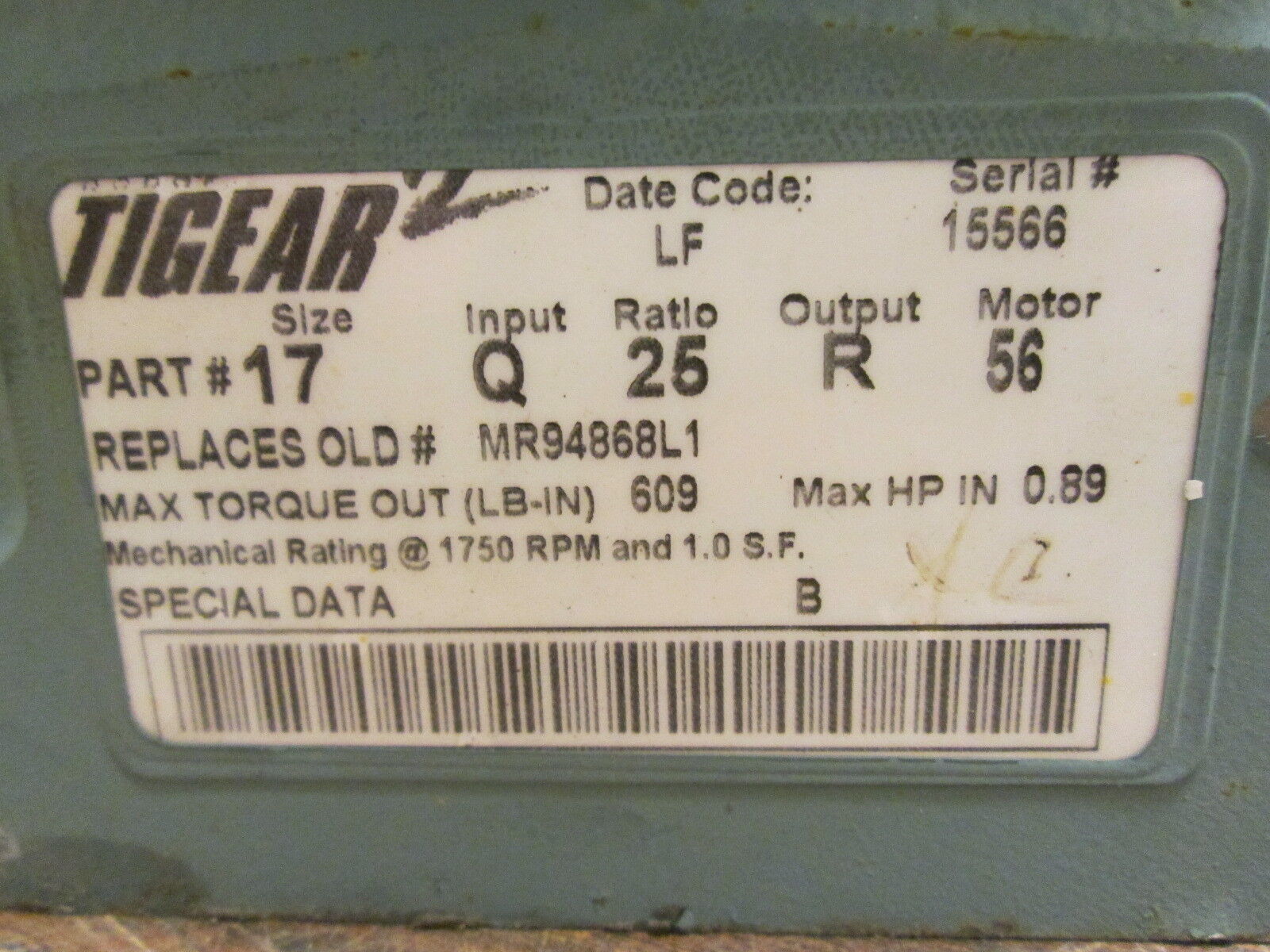 Dodge Tigear 2 Reducer 17025R56 Ratio 25:1 0.89HP In 609 In/Lb Torque Out Used