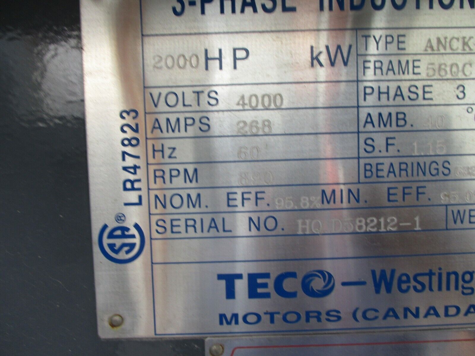 Westinghouse / TECO AC Motor ANCK-TK001 2000HP 900RPM 4000V FR: 560C Used