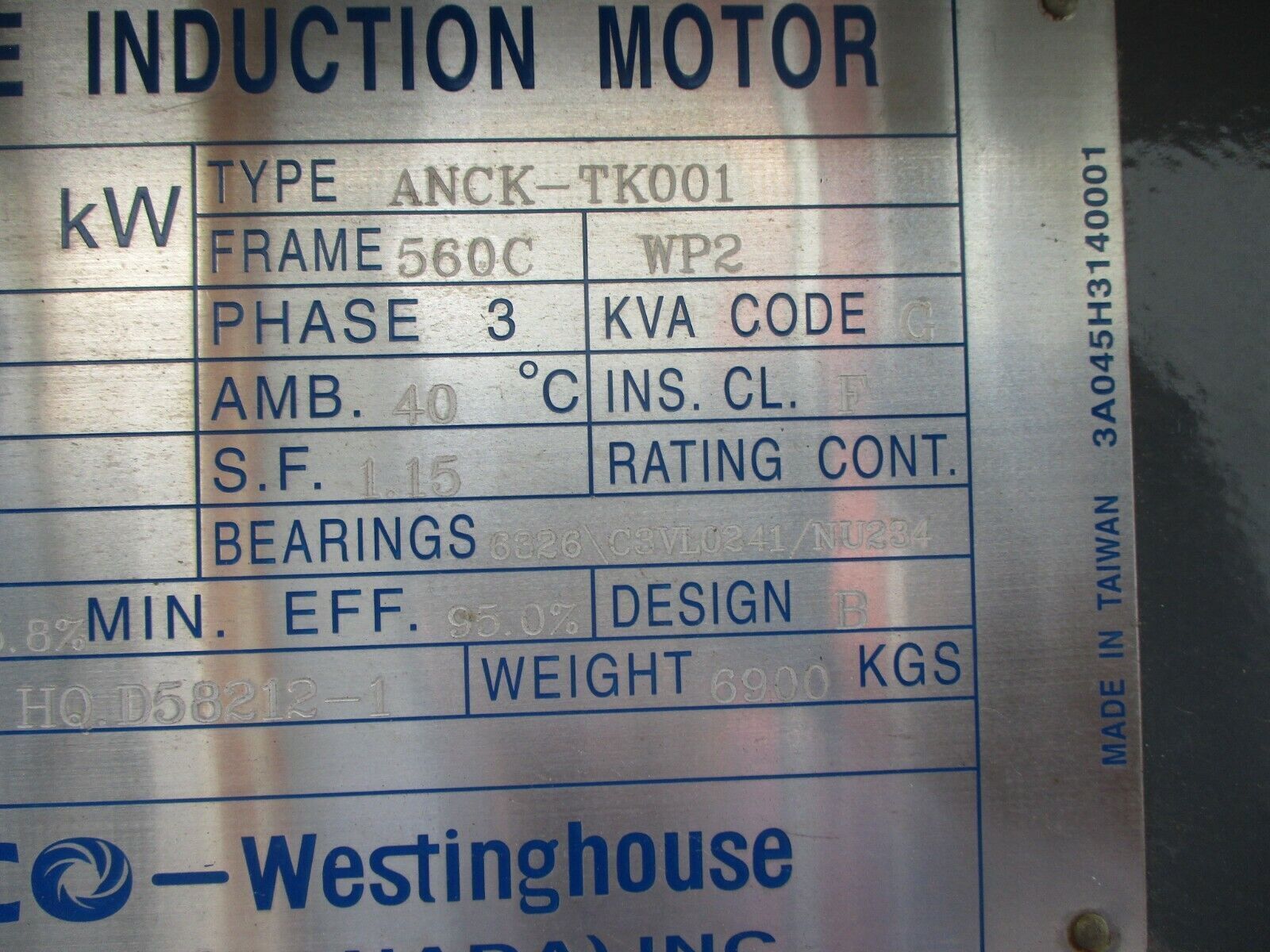 Westinghouse / TECO AC Motor ANCK-TK001 2000HP 900RPM 4000V FR: 560C Used