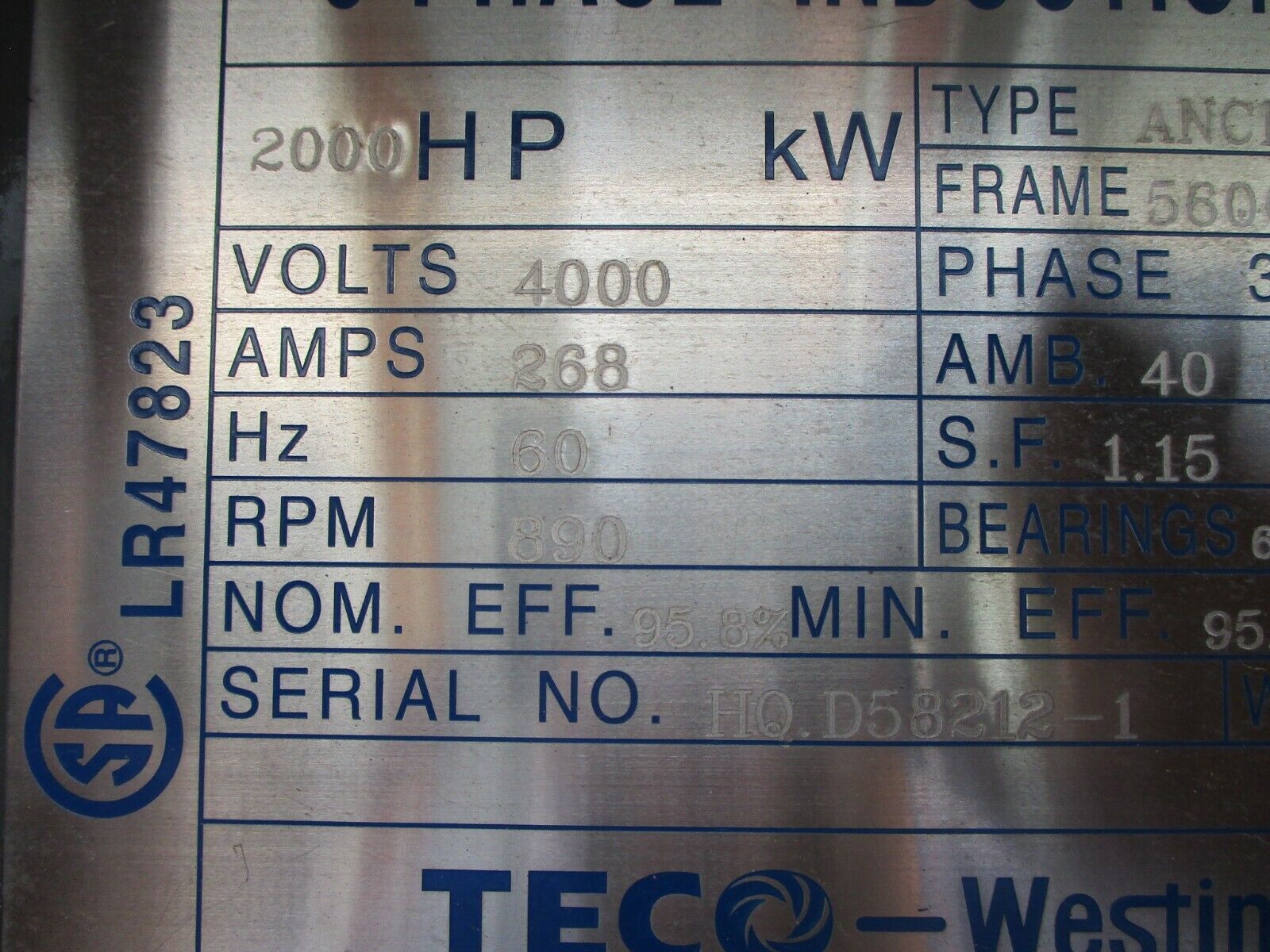 Westinghouse / TECO AC Motor ANCK-TK001 2000HP 900RPM 4000V FR: 560C Used