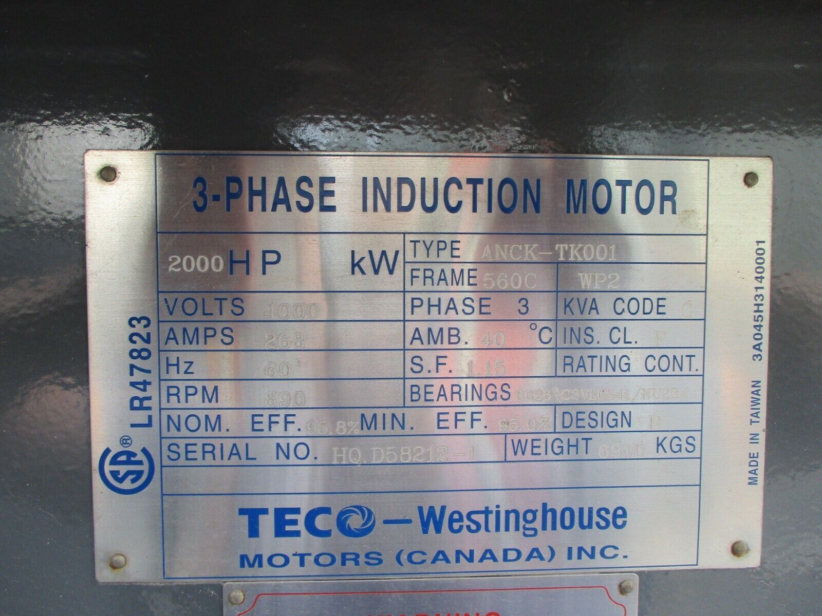 Westinghouse / TECO AC Motor ANCK-TK001 2000HP 900RPM 4000V FR: 560C Used