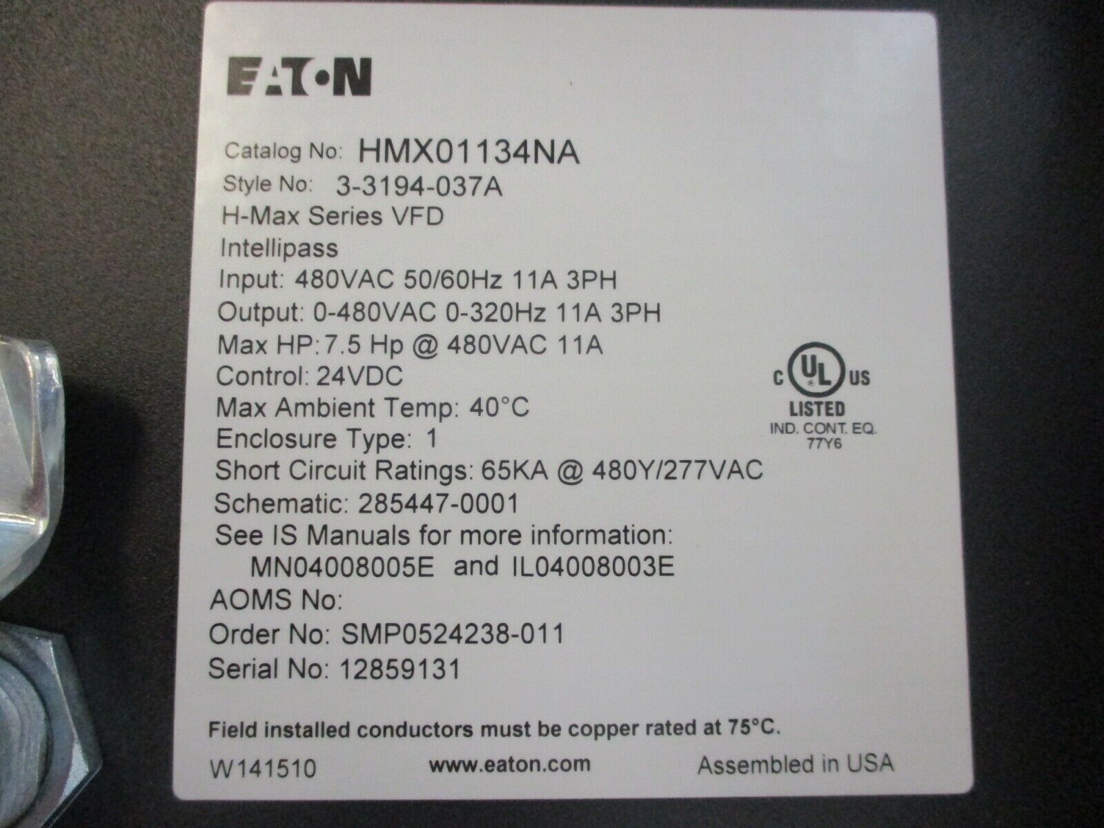 Eaton H-Max Series AC Drive / Intellipass Bypass HMX01134NA 7.5HP 3Ph Used