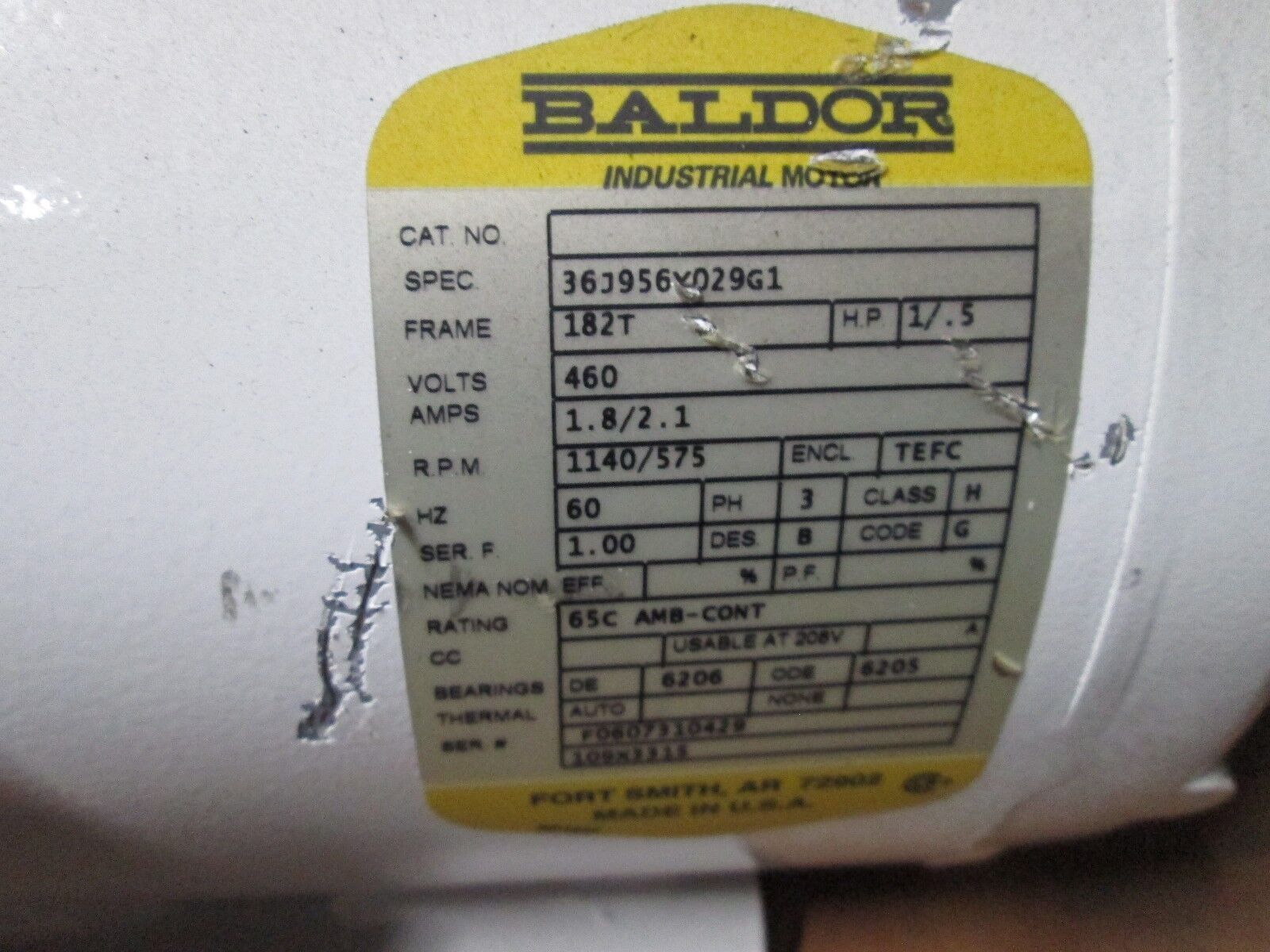 Baldor AC Motor 36J956Y029G1 1/.5HP 1140/575RPM 460V 1.8/2.1A 182T Frame Used