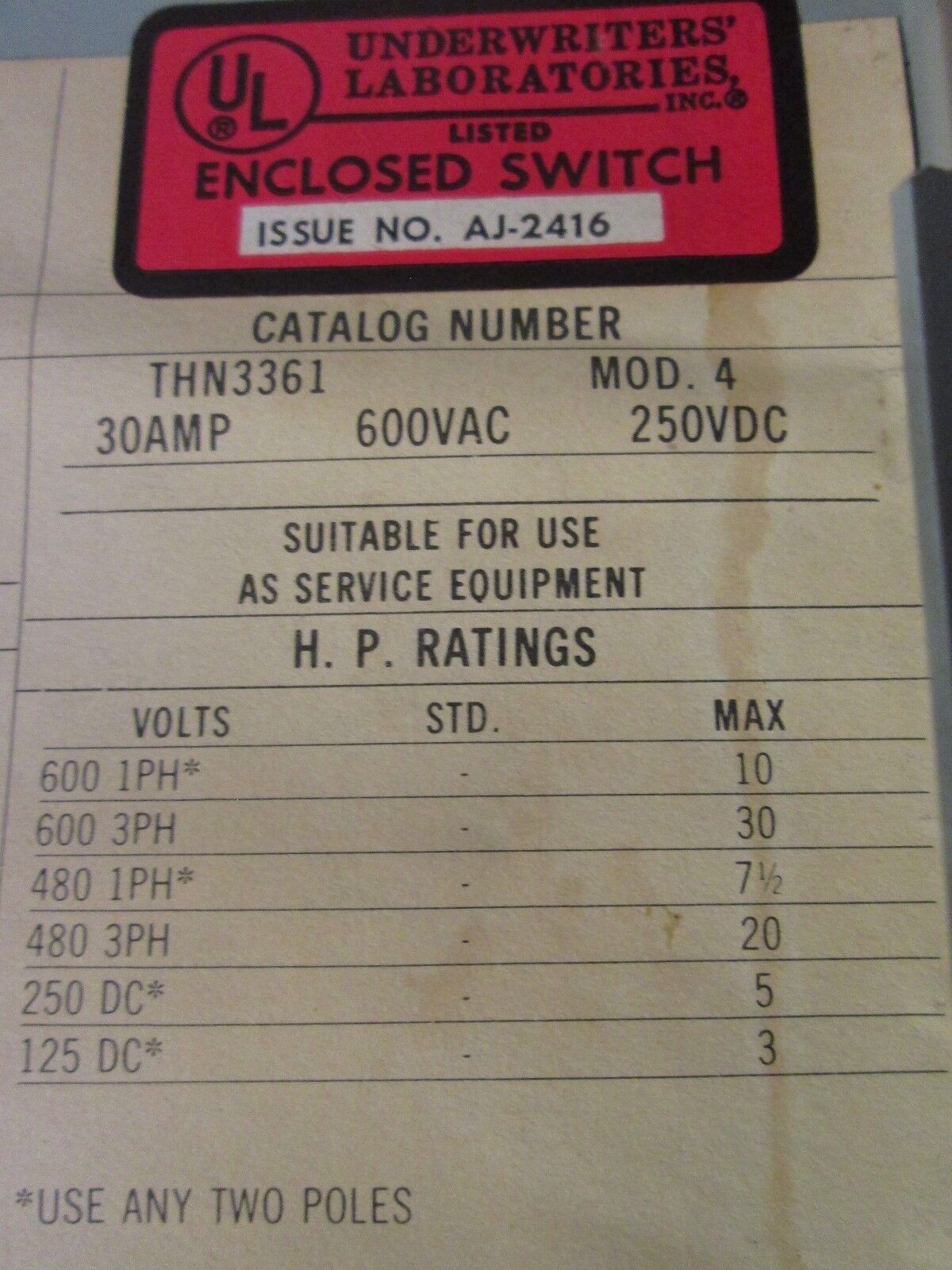 GE Non-Fusible Safety Switch THN3361 Mod 4 30A 600V Used