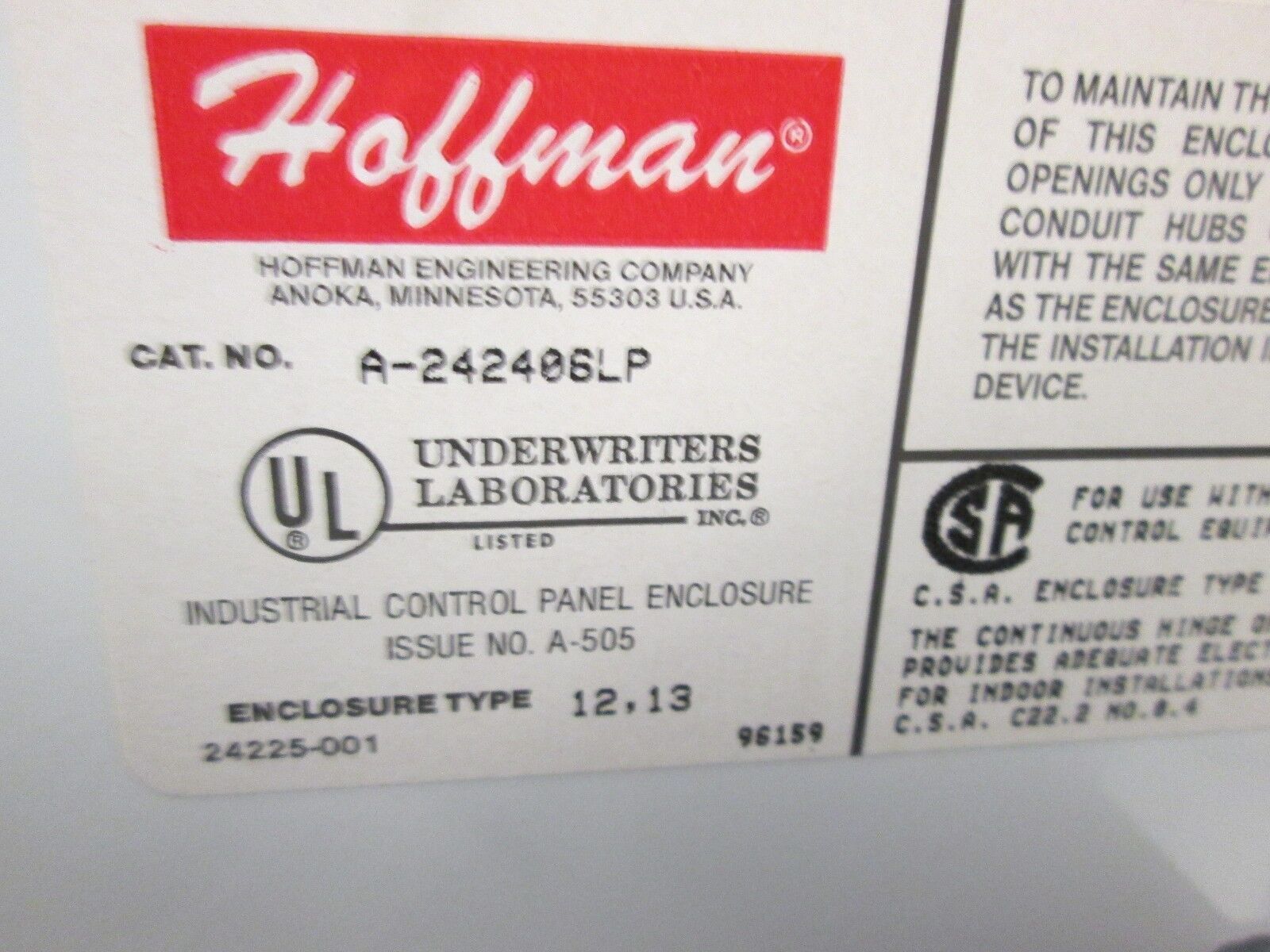 Hoffman Type 12, 13 Enclosure A242406LP Size: 24x24x06" New Surplus