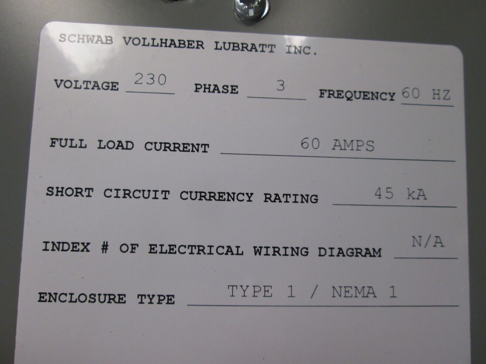 Schwab Vollhaber Lubratt 230V Bypass 15-40HP2OUB2FD 60A 230V 3Ph 60Hz Used