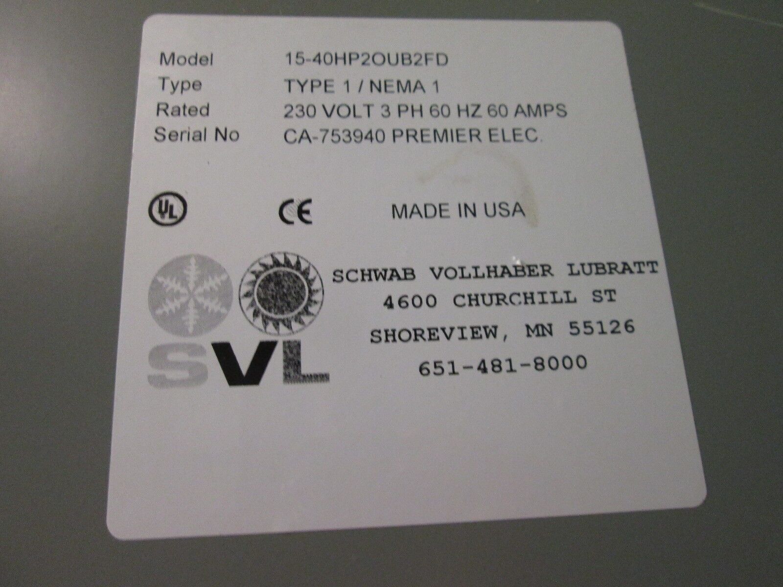 Schwab Vollhaber Lubratt 230V Bypass 15-40HP2OUB2FD 60A 230V 3Ph 60Hz Used