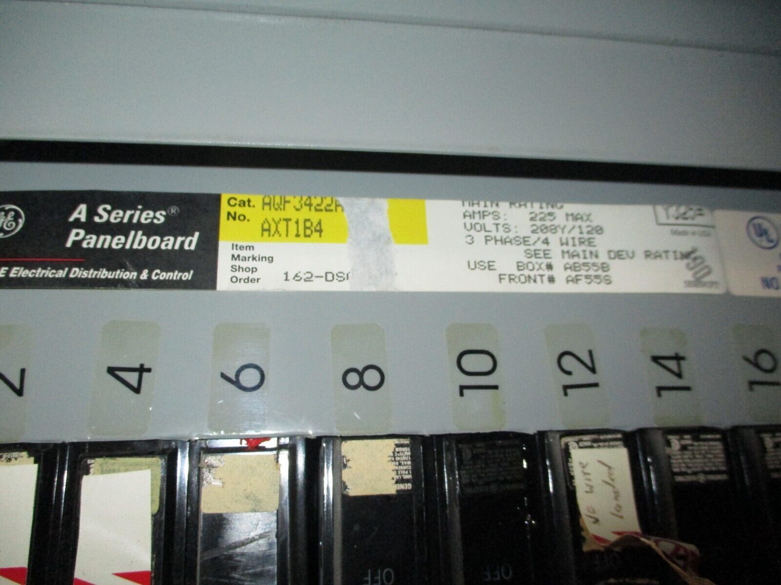 GE Main Breaker Circuit Breaker Panel AQF3422ABX 225A Max 225A Main 208/120V 3Ph