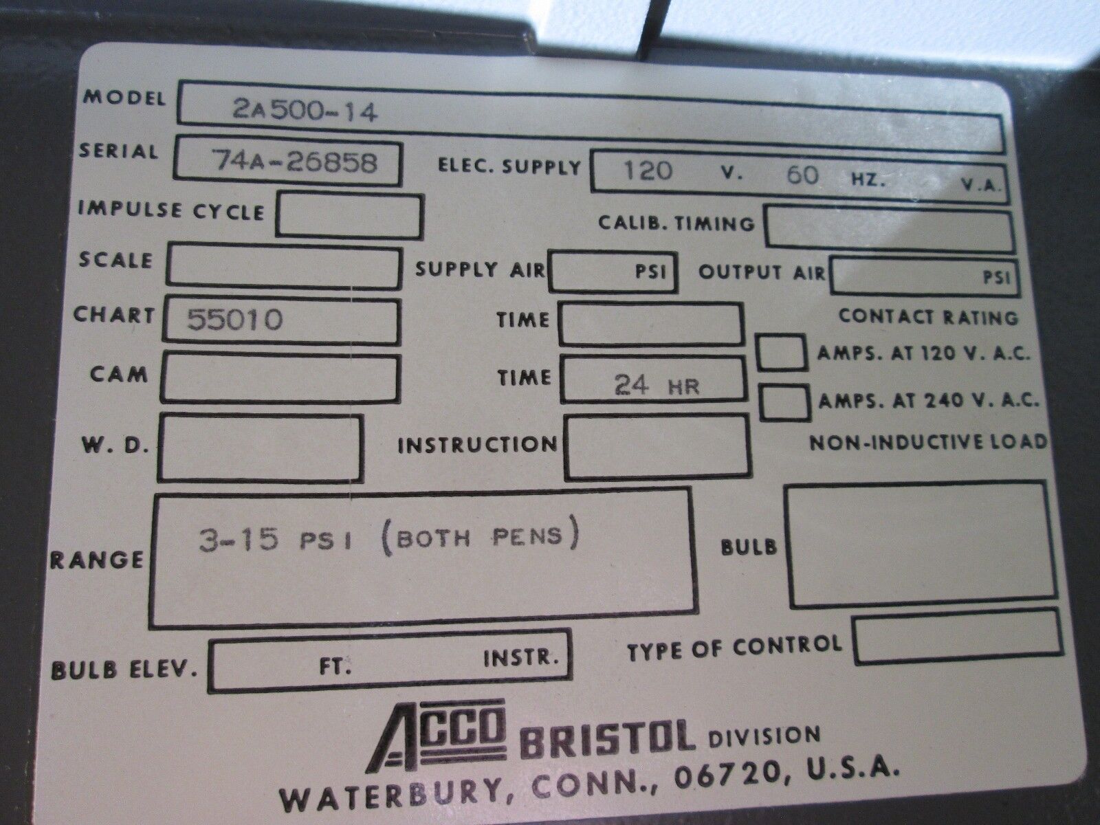 Acco/Bristol Meter 2A500-14 120V 60Hz 24 Hour Time 3-15 PSI Range Used