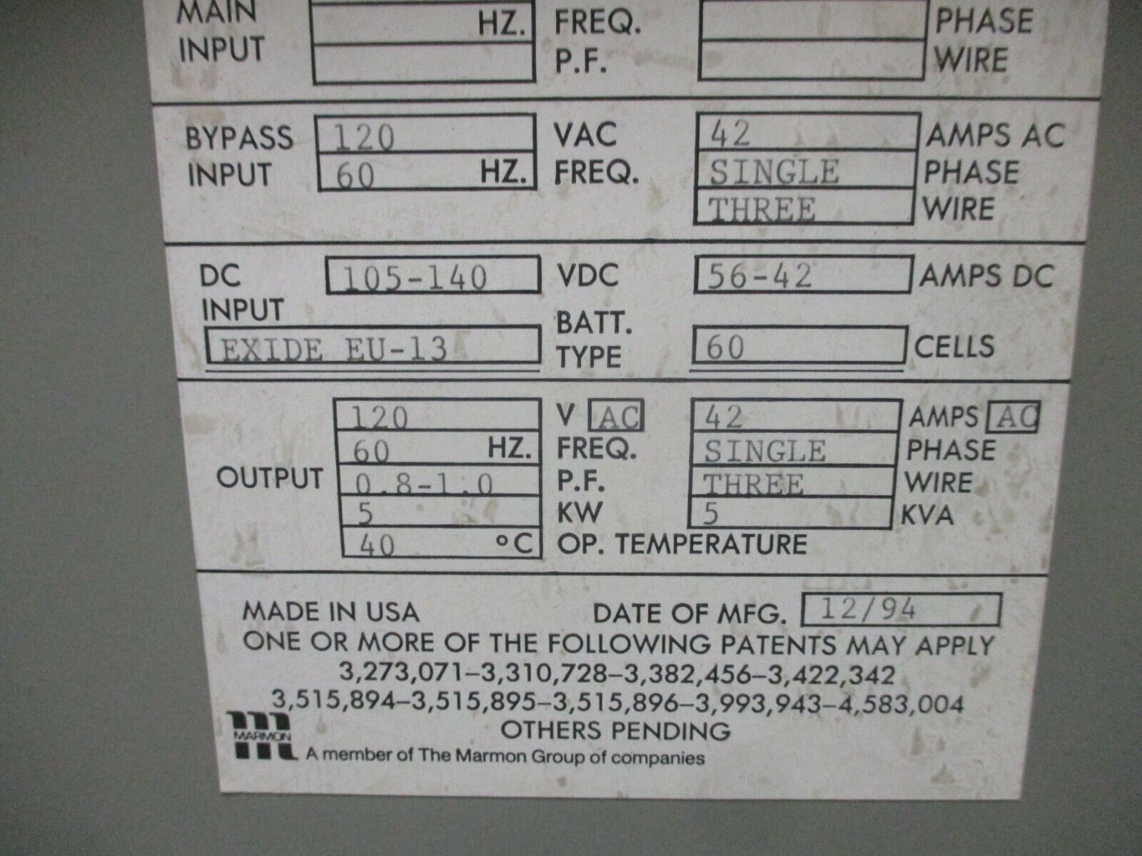 SCI 5kVA Inverter SV12050N(85-VE0050-05) 105-140DC In 120V 1Ph Out Used