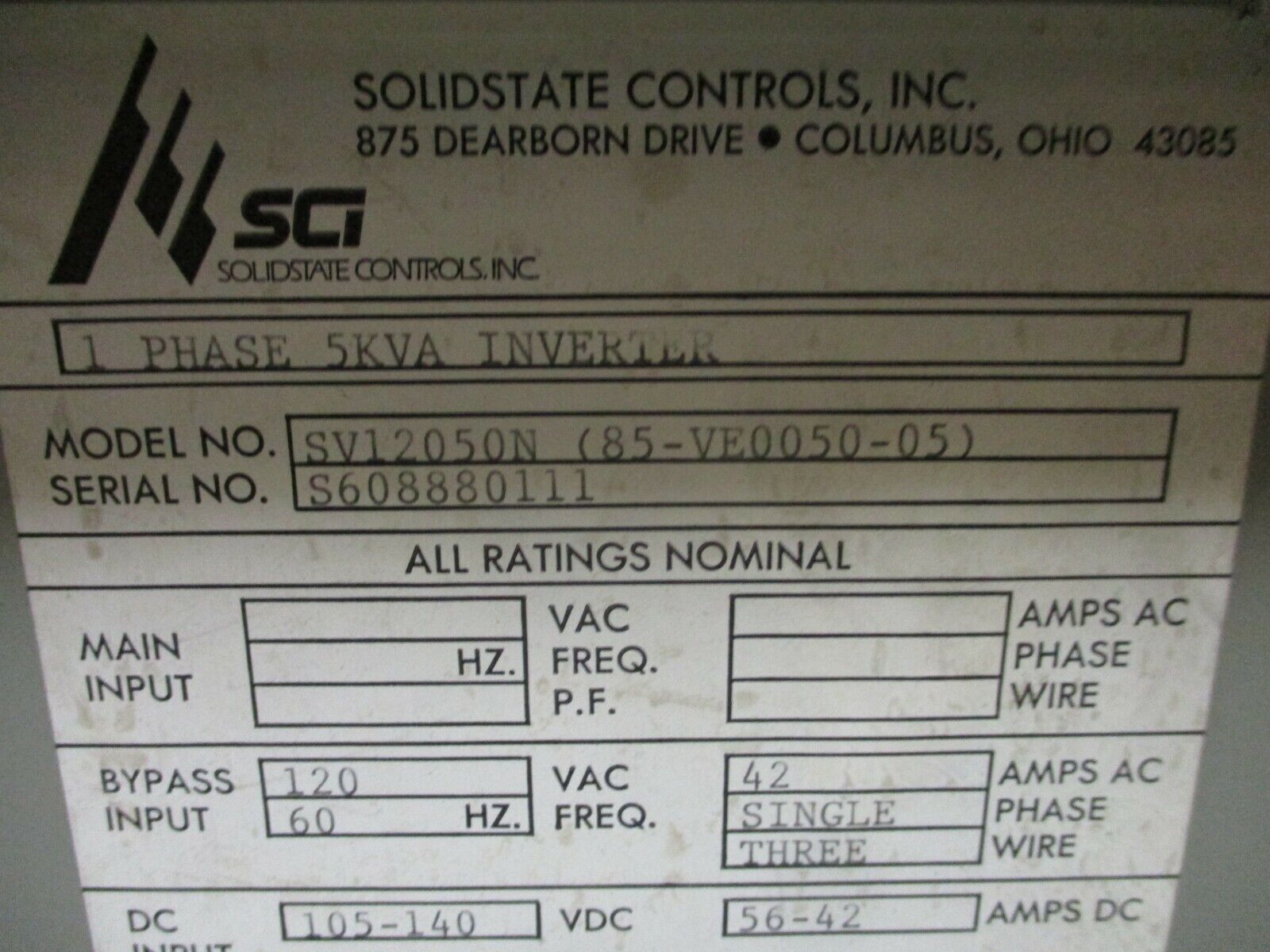 SCI 5kVA Inverter SV12050N(85-VE0050-05) 105-140DC In 120V 1Ph Out Used