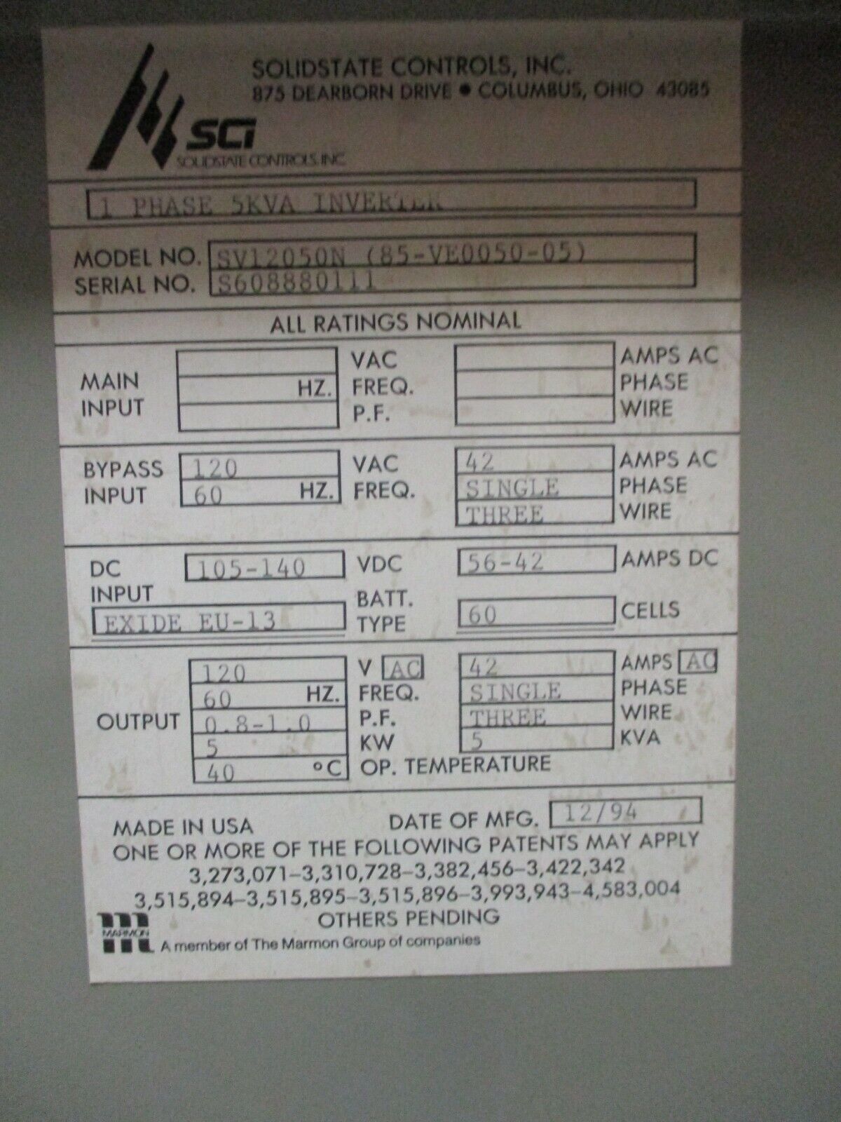 SCI 5kVA Inverter SV12050N(85-VE0050-05) 105-140DC In 120V 1Ph Out Used