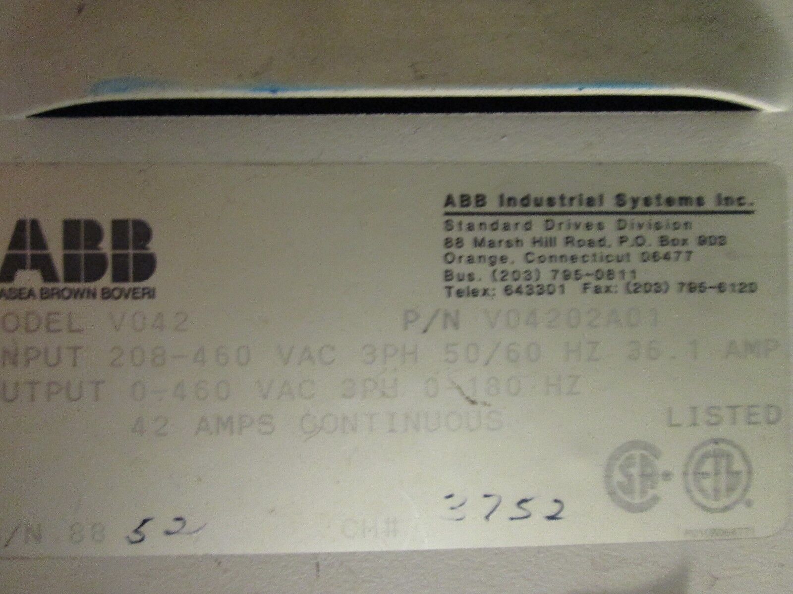 ABB V042 Flow Economizer V04202A01 3Ph In: 208-460V 25.1A Out: 0-460V 42A Used