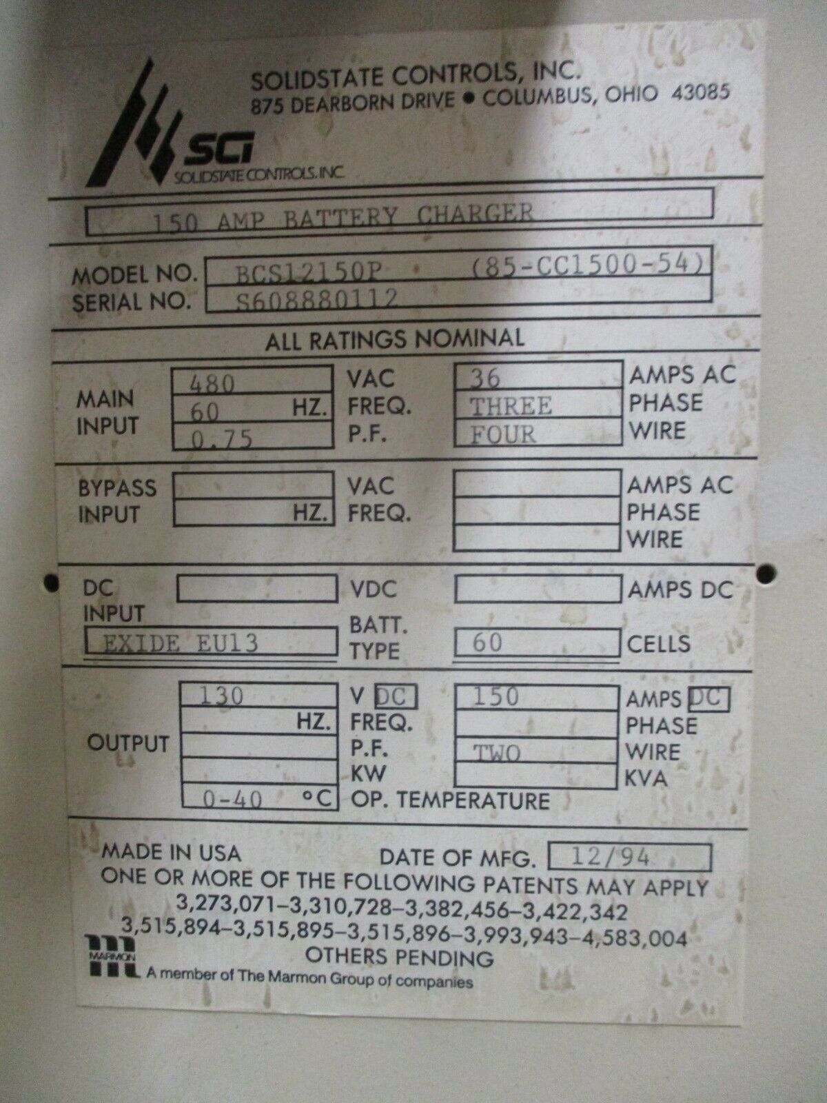 SCI Thyri-Power Battery Charger BCS12150P(85-CC1500-54) 480VAC 3Ph In 130VDC Out