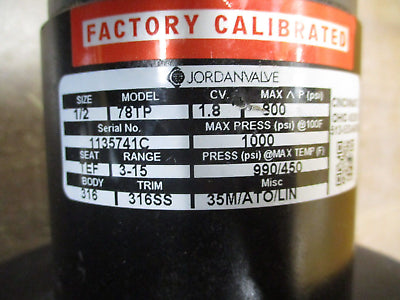 Jordan Valve Pneumatic Control Valve 78TP Size: 1/2" 1000PSI Max Seat: TEF Used