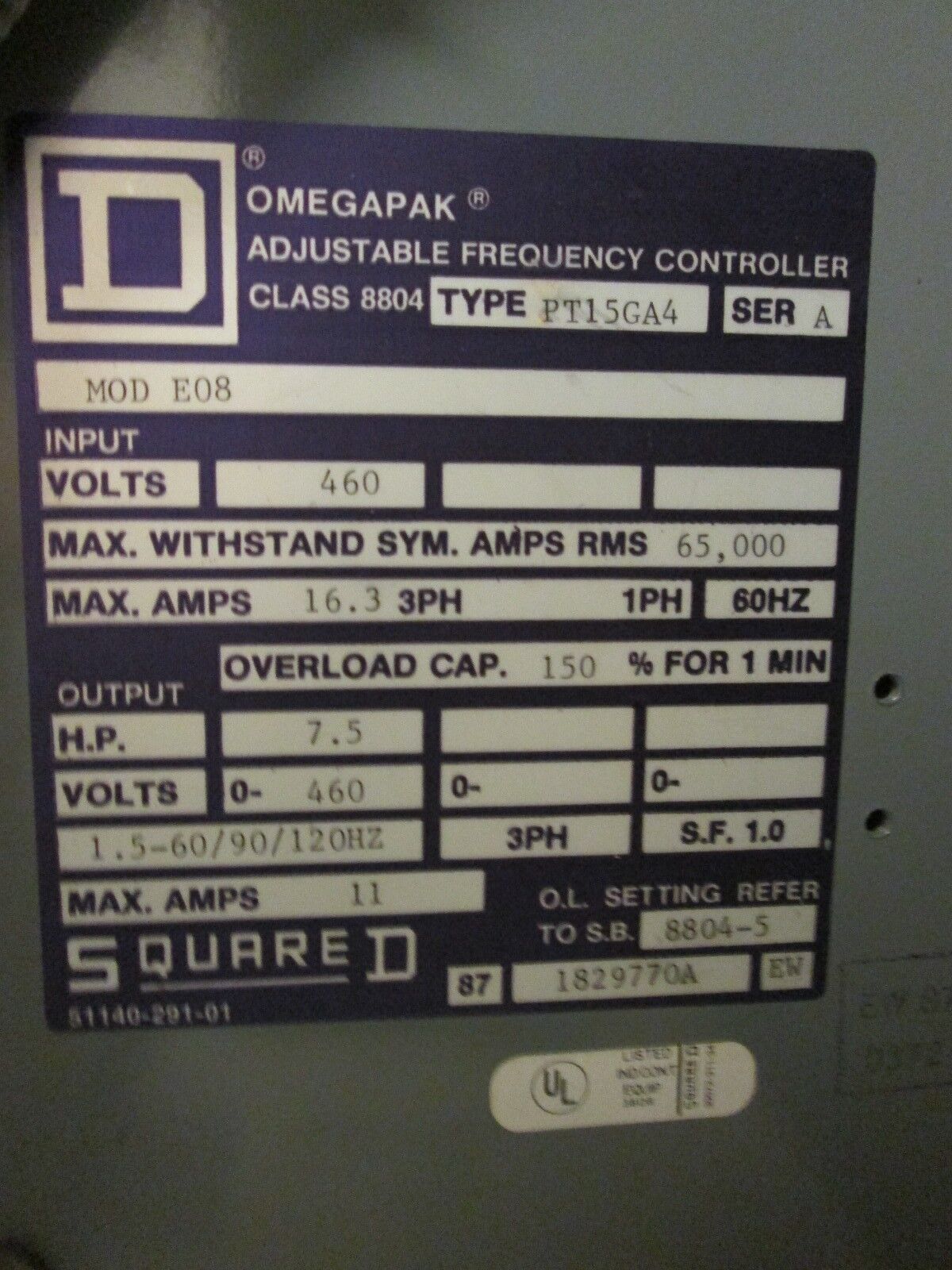 Square D OmegaPak PT15GA4 7.5HP Nema 3R Enclosure Used