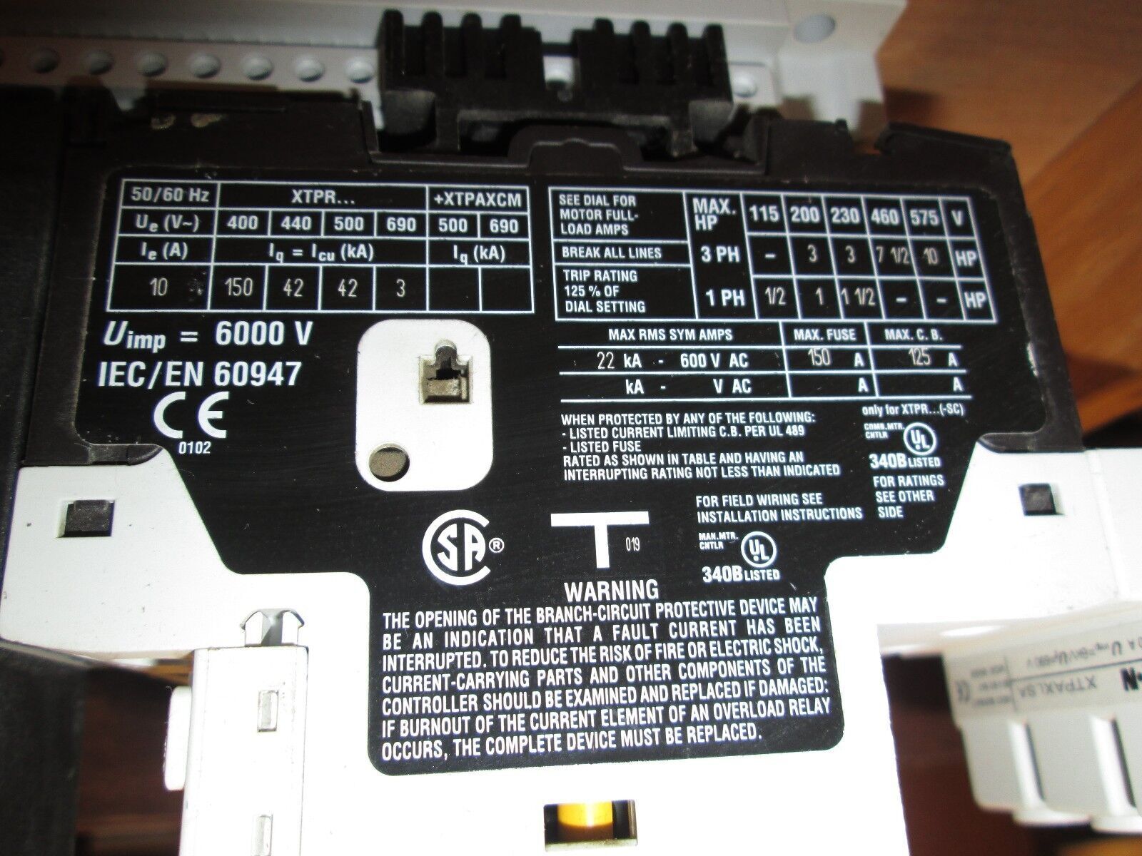Eaton Starter w/ Manual Switch XTCE018C10 XTPR010BC1 XT0B010CC1 6.3-10A 120V