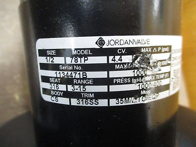 Jordan Valve Pneumatic Control Valve 78TP Size: 1/2" 1000PSI Max Seat: 316 Used