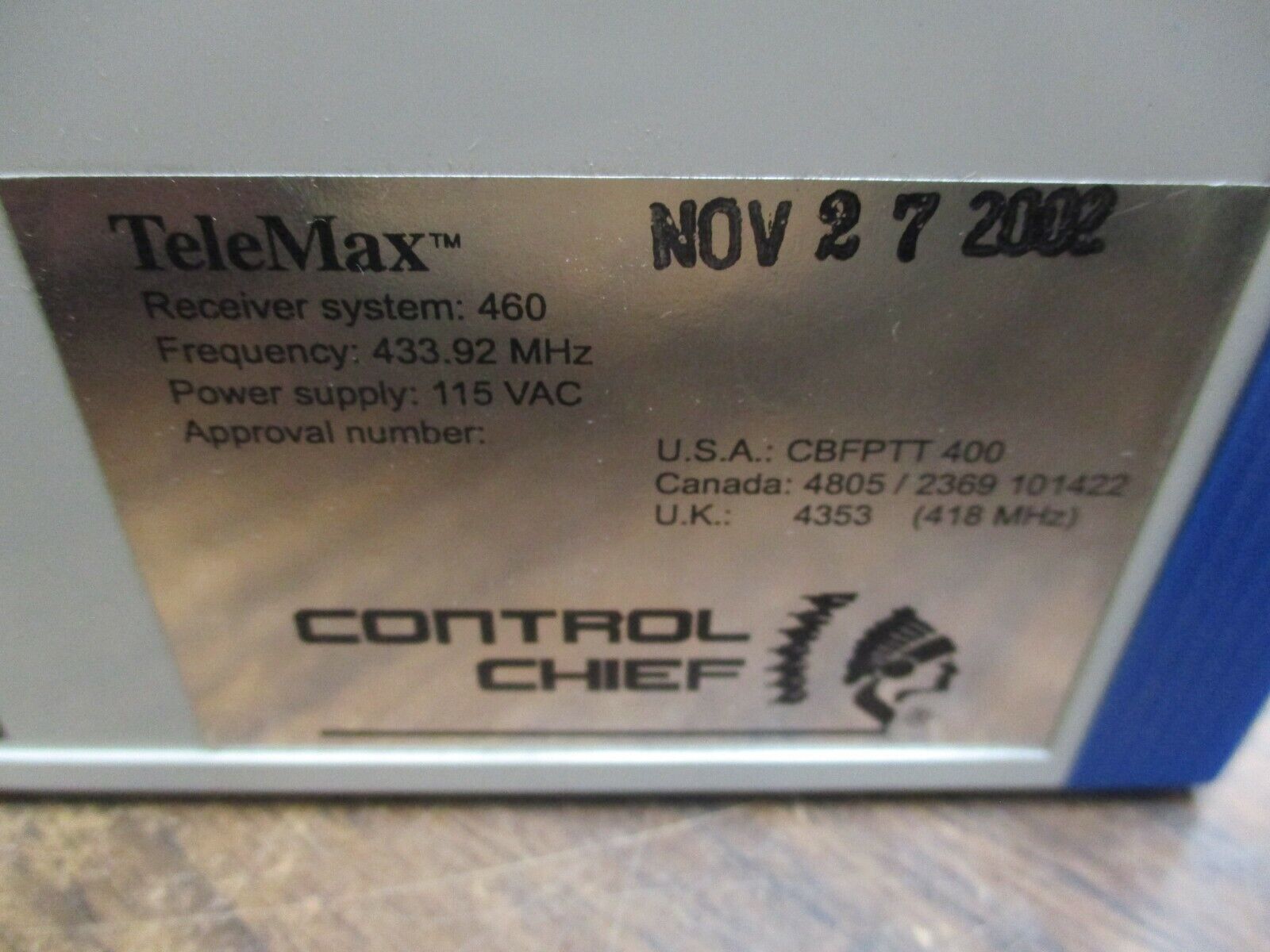 Control Chief TeleMax Receiver CBFPTT 400 System: 460 433.92mHz 115VAC Used
