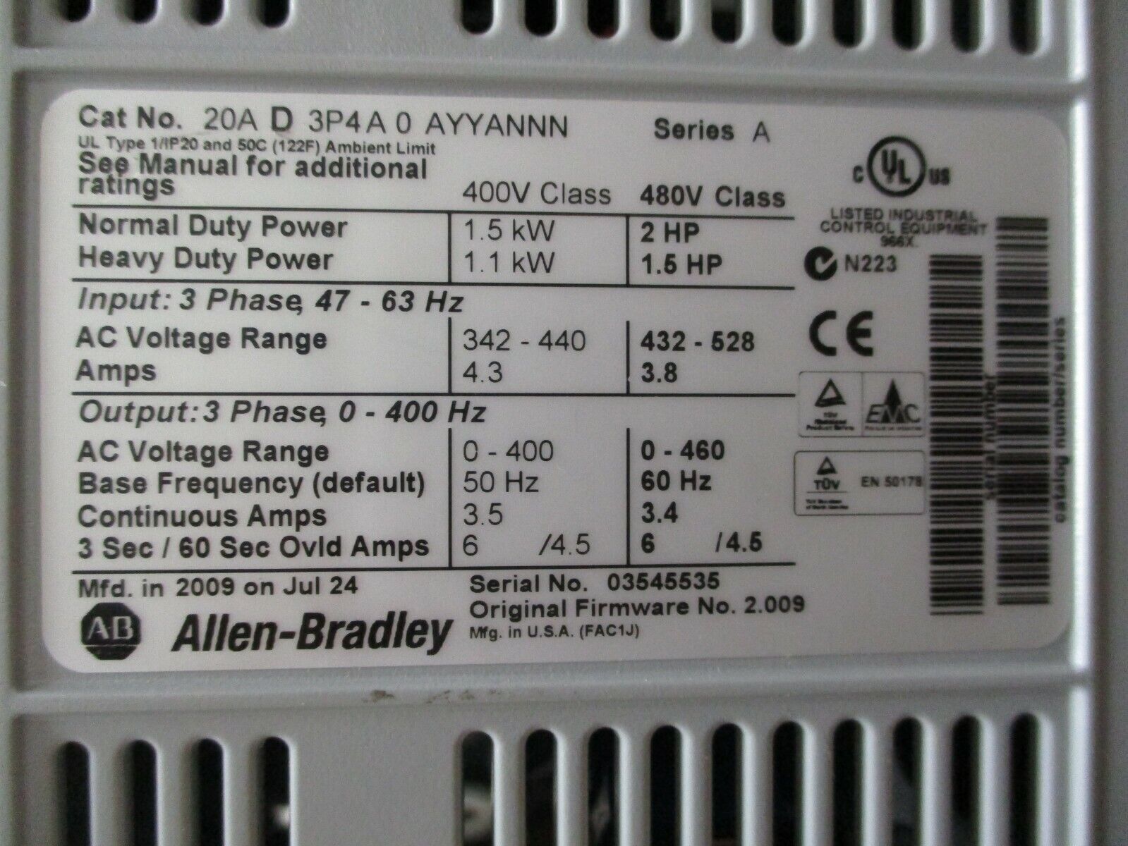 Allen Bradley PowerFlex 70 ACDrive 20AD3P4A0AYYANNN 2HP 3Ph Used