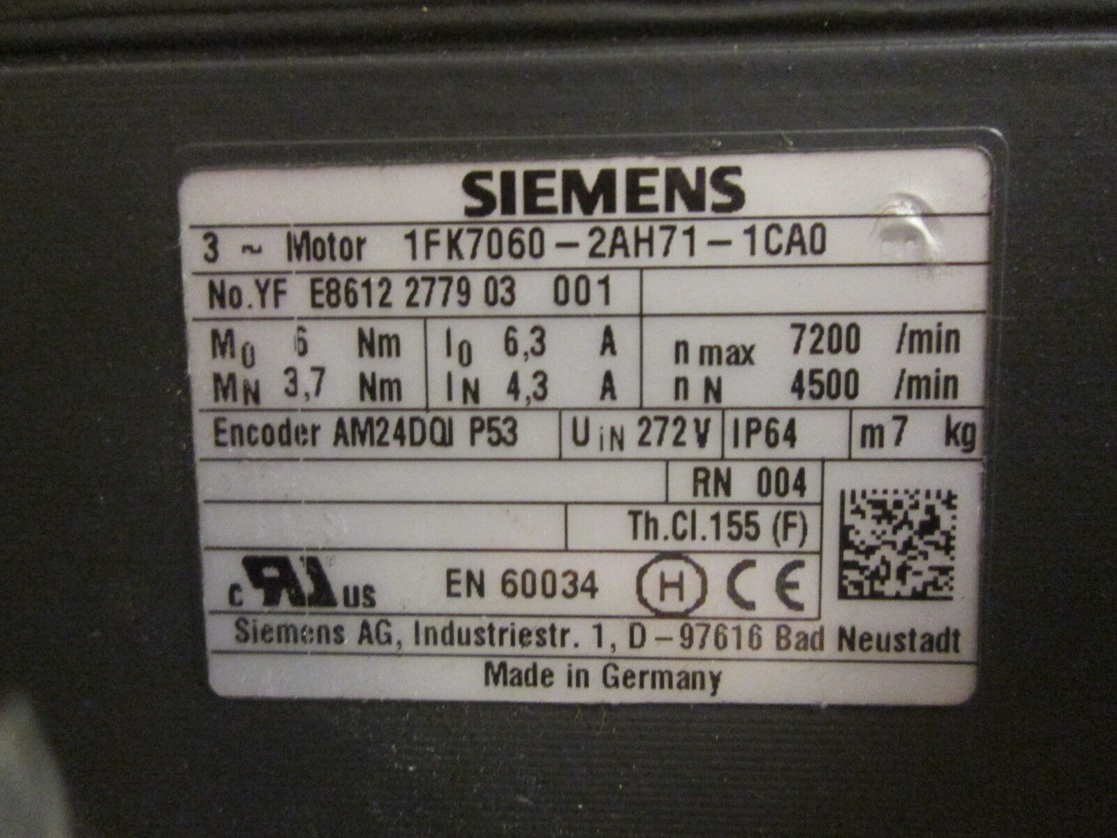 Siemens AC Servo Motor w/ Reducer 1FK7060-2AH71-1CA 6Nm 6.3A 7200RPM 272V 3Ph
