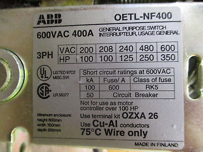 ABB Disconnect Switch OETL-NF400 400A 600V 3Ph Used