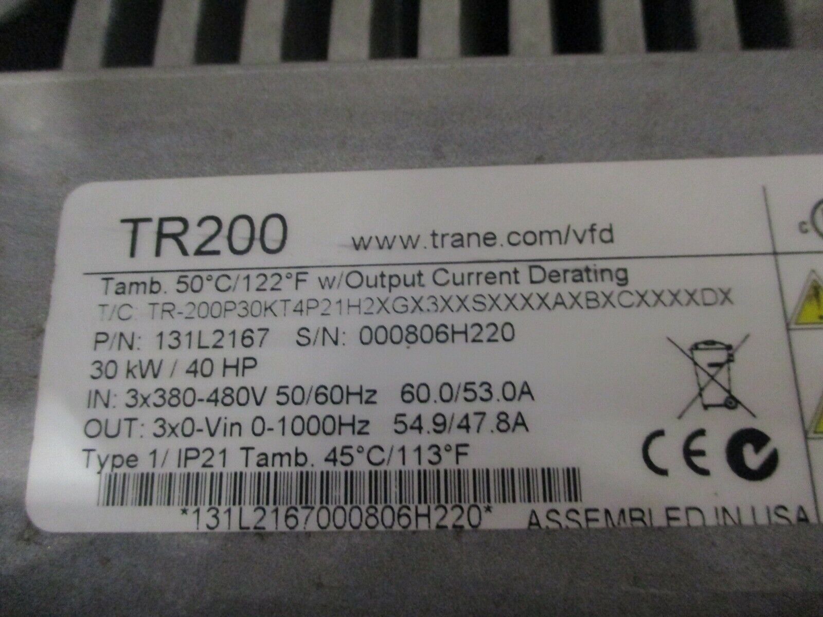 Trane TR200 AC Drive 131L2167 40HP 3Ph Used