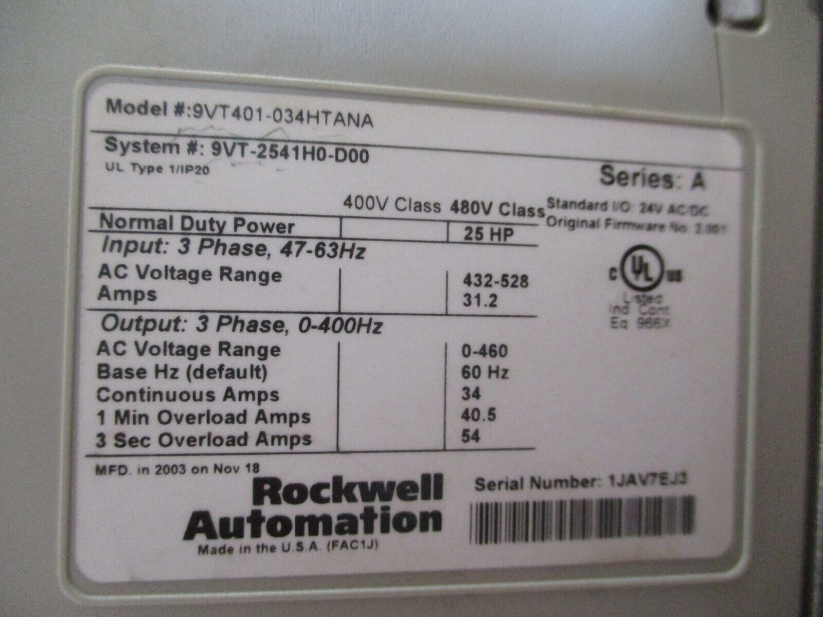 Rockwell Automation VTAC 9 AC Drive w/ Bypass 9VT-2541H0-D00 Ser. A 25HP 3Ph