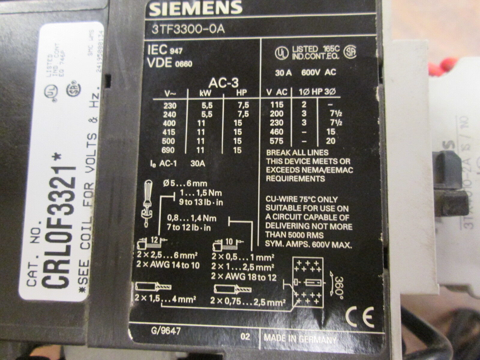 Siemens Reversing Starter CRL0F3321* 3UA52 00-1E Range 2.5-4A 120V coil Used