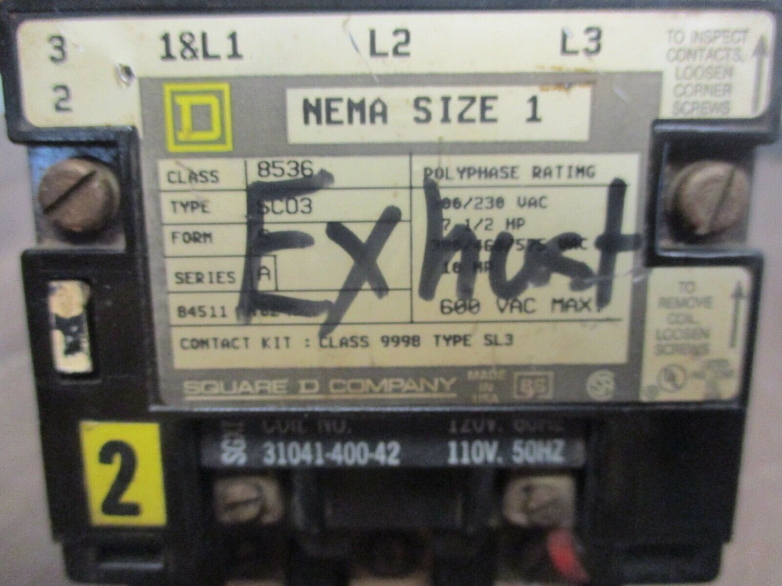 Square D Size 1 Starter 8536SC03S 120V Coil 10HP 600V 50/60Hz w/Aux Contact Used