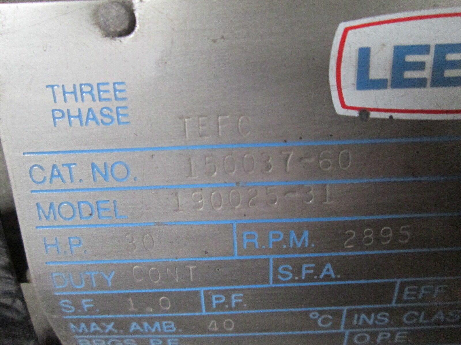 Leeson 190025-31 AC Motor 150037-60 30HP 2895RPM FR:286TS ENCL:TEFC 208/415V