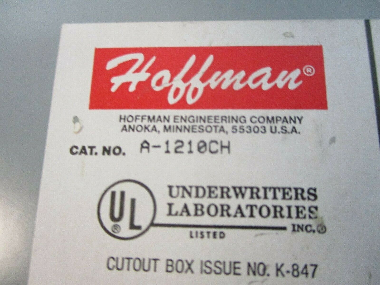 Hoffman Type 12, 13 Enclosure A-1210CH Size: 12x10x5" Used