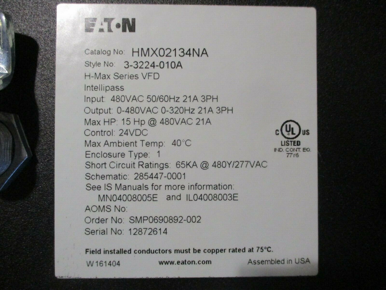 Eaton H-Max Series AC Drive w/ Intellipass Bypass HMX02134NA 15HP 3Ph Used