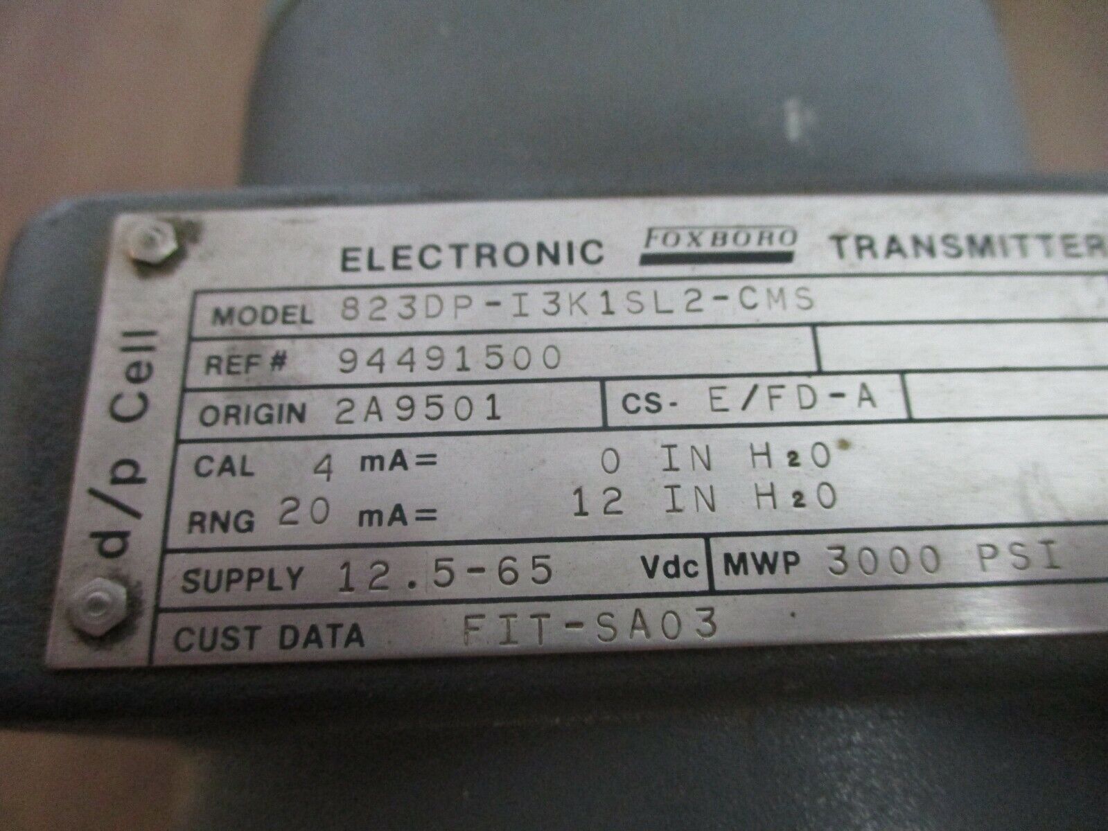 Foxboro Electronic Transmitter 823DP-I3K1SL2-CMS 12.5-65VDC 3000PSI Used