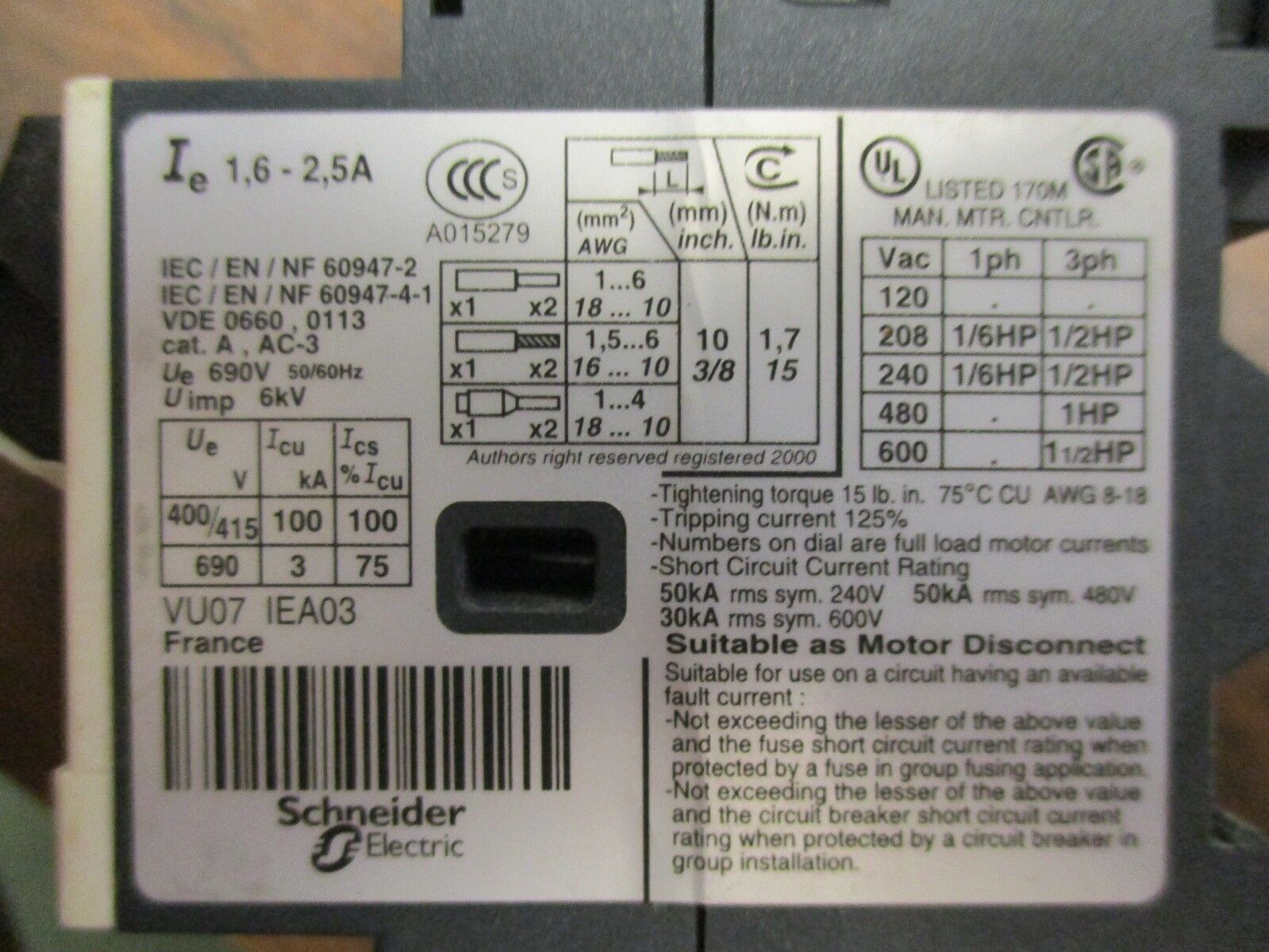 Telemecanique Manual Motor Starter GV2ME07 Range: 1.6-2.5A , Used