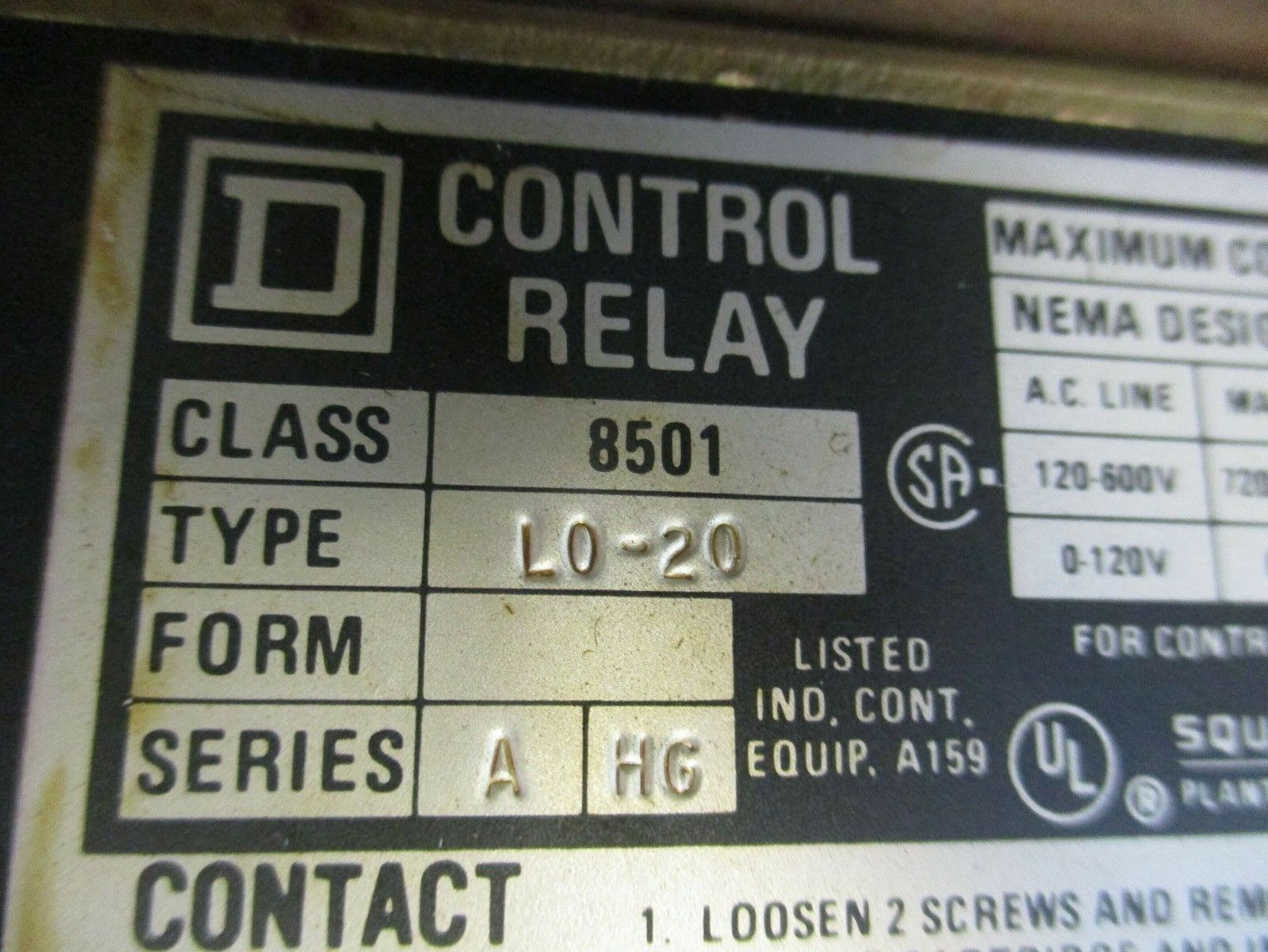Square D Type L Control Relay 8501 L0-20 Ser. A 120V Coil 600V Used