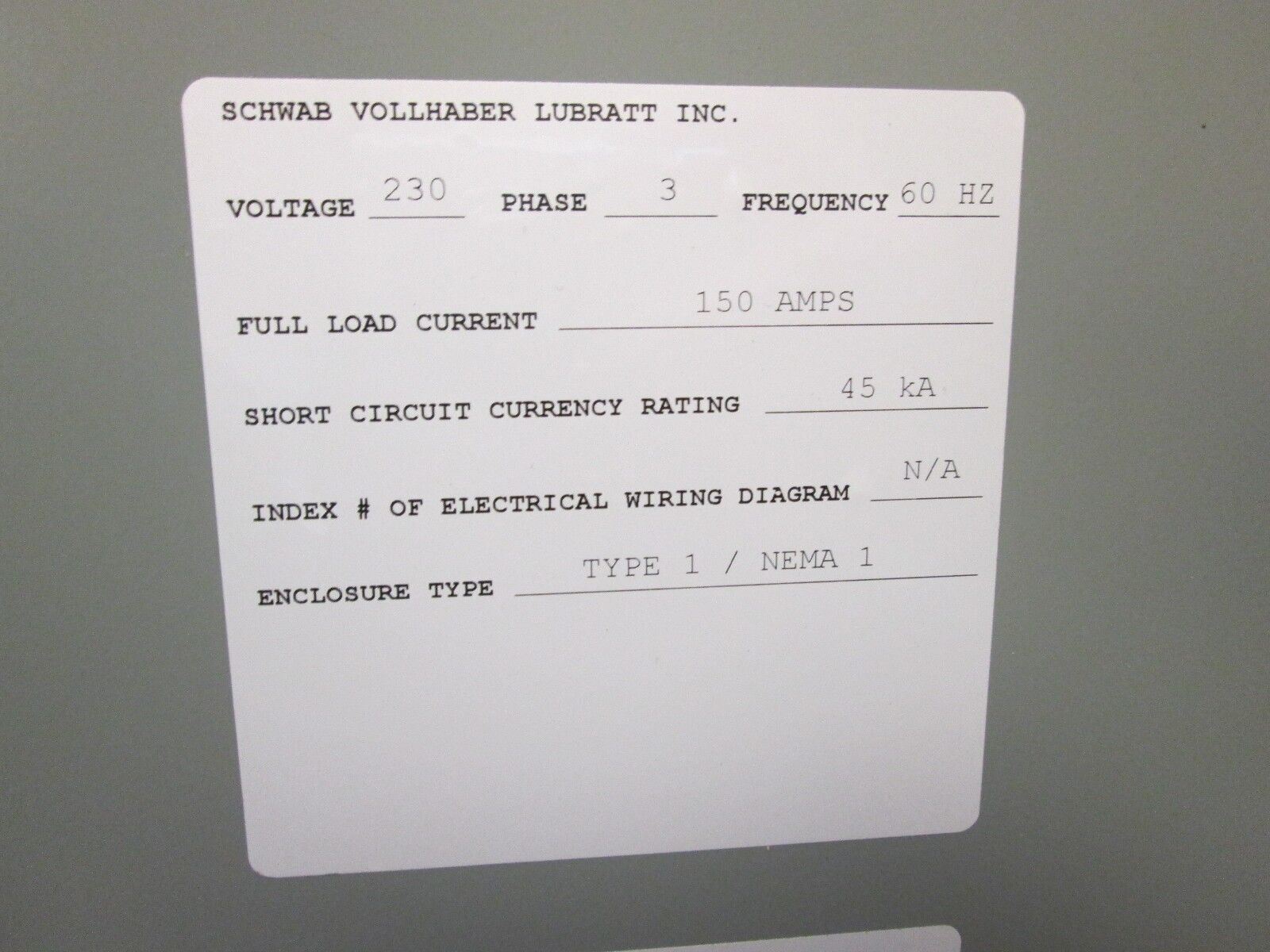 Schwab-Vollhaber Lubratt 150A Bypass 15-40HP2OUB2FD 230V 150A 3PH 60HZ Used