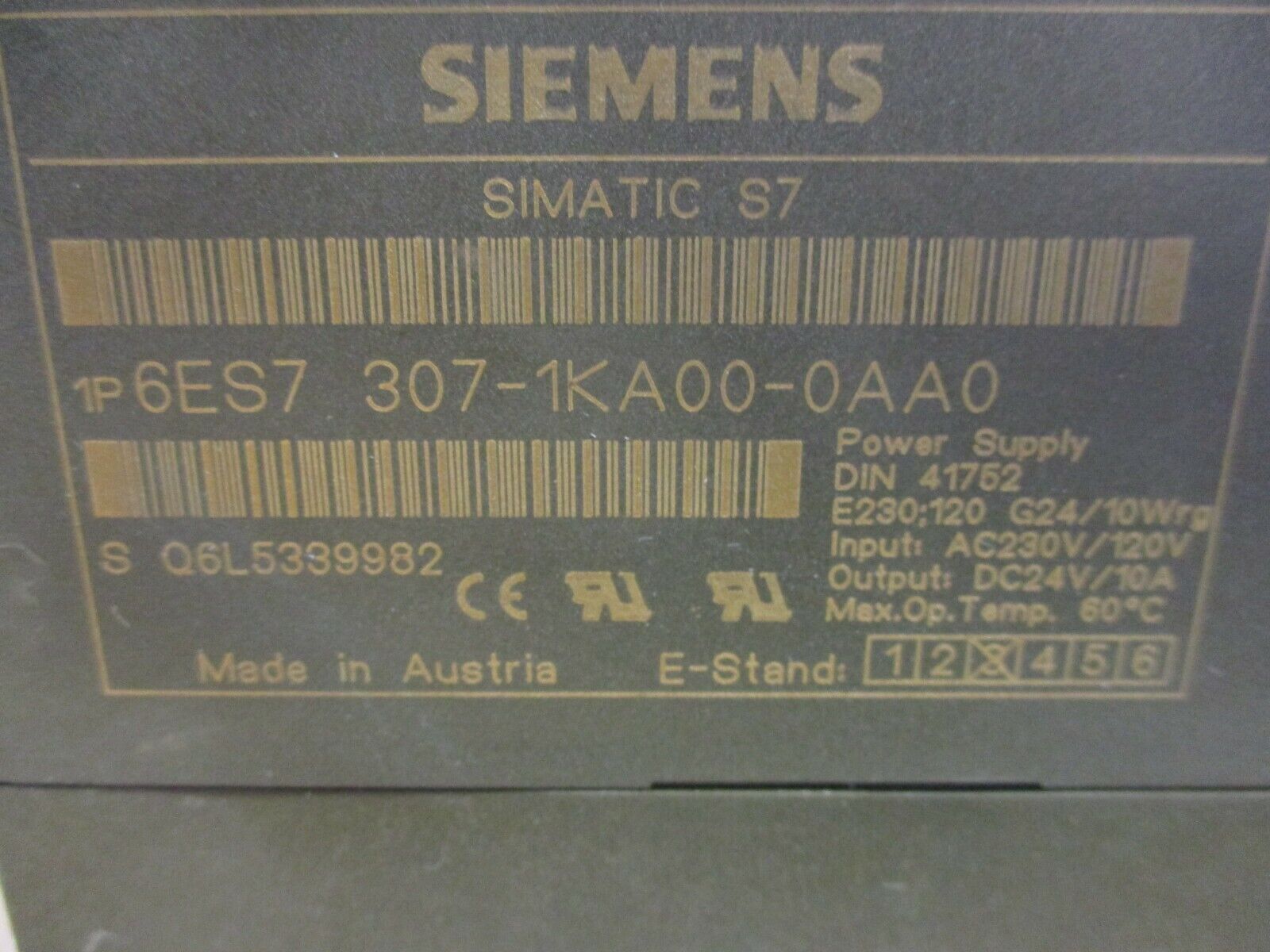 Siemens Simatic S7 Power Supply 6ES7 307-1KA00-0AA0 Input: 120/230VAC Used