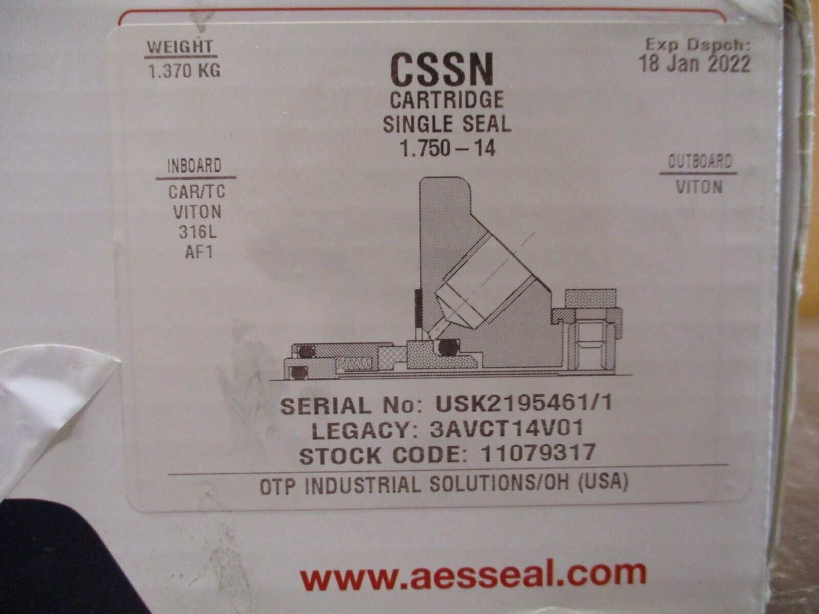 AESSeal CSSN Cartridge Single Seal 3AVCT14V01 1.750-14 New Surplus