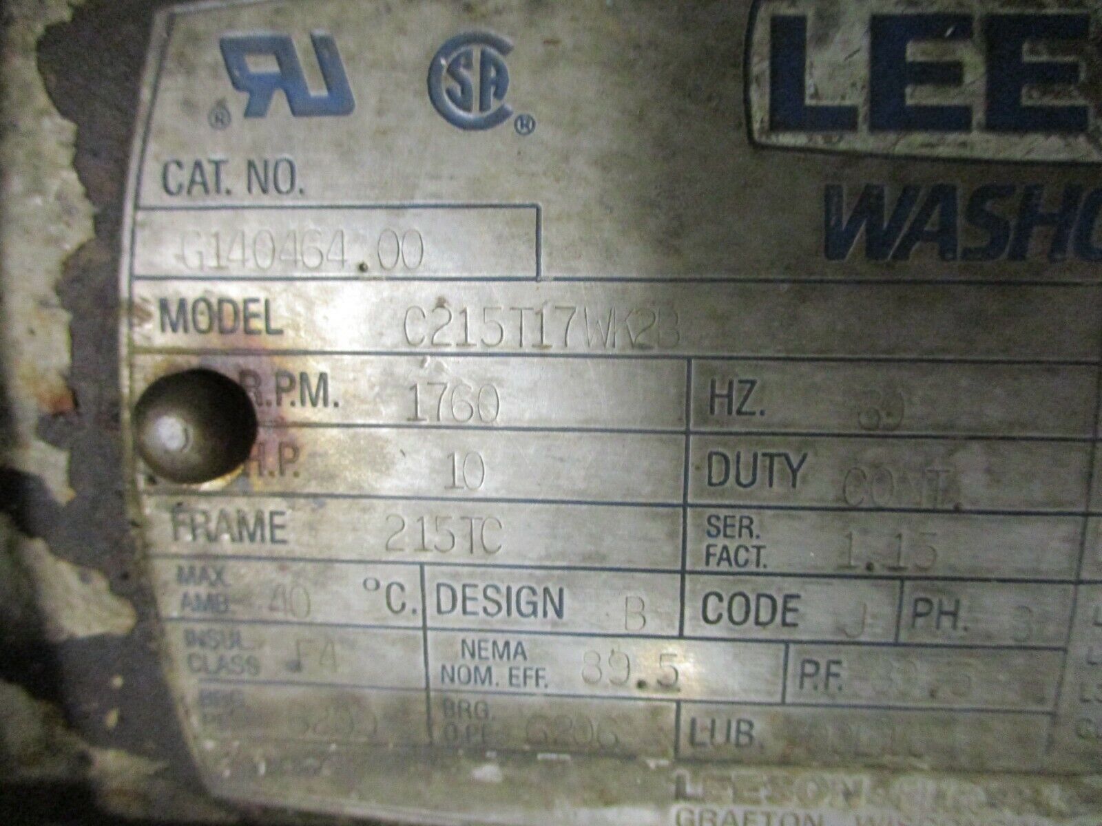 Leeson Hydraulic Pump w/ Tank C215T17WK23 10HP 208-230/460V 26/13A Used