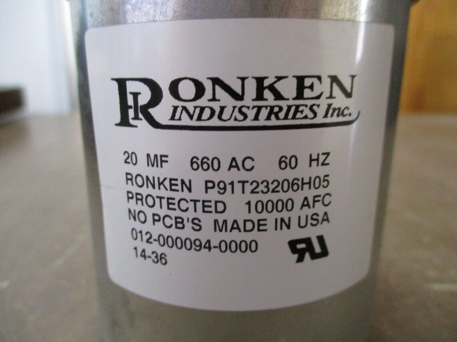 Ronken Capacitor P91T23206H05 20MF 660V 60Hz Used