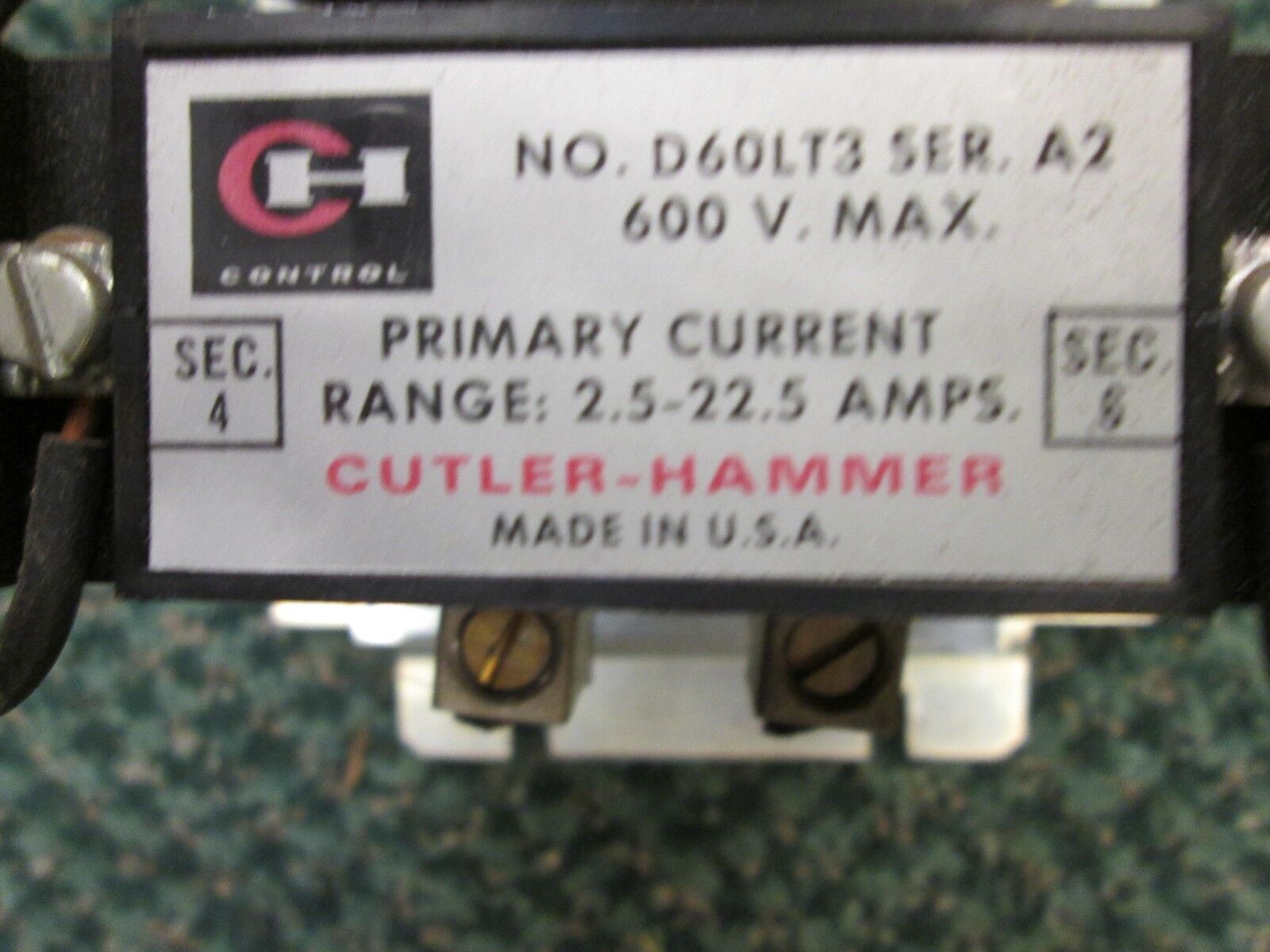 Cutler-Hammer Current Relay D60LA0 2.5-22.5A 600V