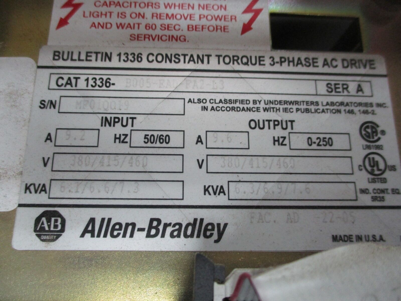 Allen-Bradley 1336 AC Drive 1336-B005-EAD-FA2-L3 5HP 3Ph *No Cover Screw* Used