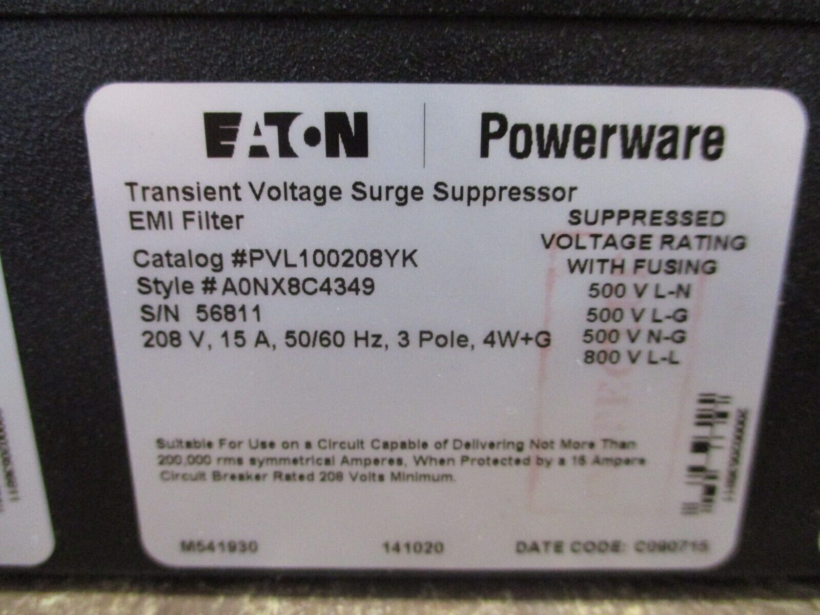 Eaton PowerWare Surge Suppressor / EMI Filter PVL100208YK 208V 15A 50/60Hz 3P