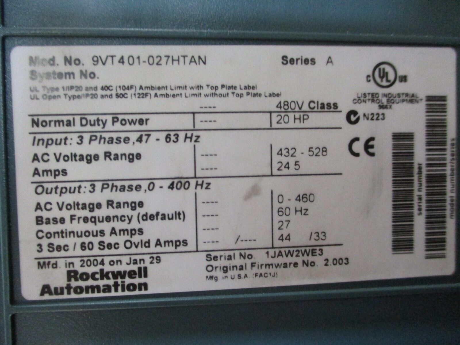 Rockwell Automation VTAC 9 AC Drive w/ Bypass 9VT401-027HTAN Ser. A 20HP 3Ph