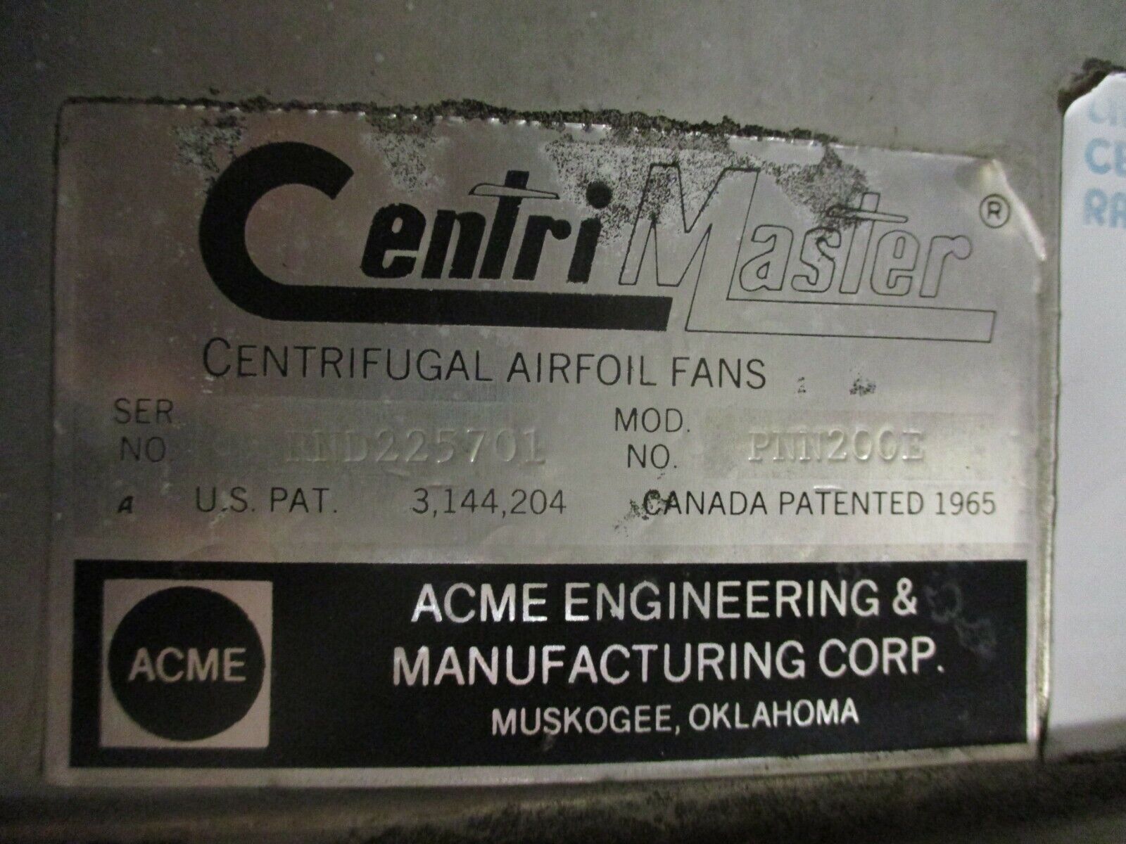 Acme Centri Master Exhaust Fan PNN200E Used