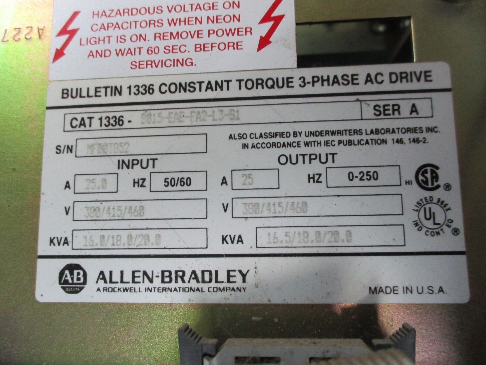 Allen-Bradley 1336 AC Drive 1336-B015-EAE-FA2-L3-S1 15HP 3Ph Used