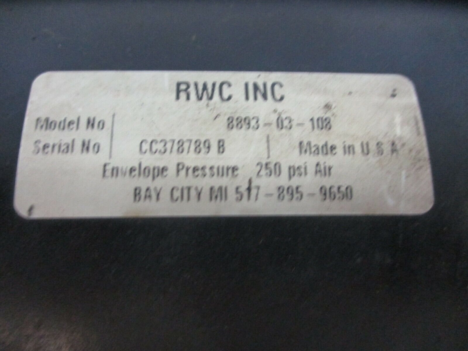 RWC Air Cylinder 8893-03-108 250 PSI Used