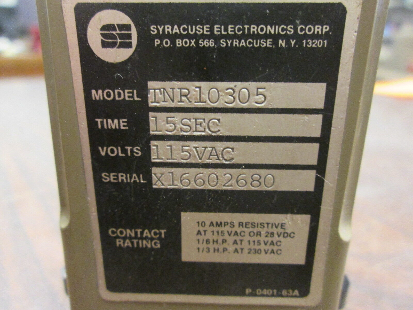Syracuse Electronics Time Delay Relay TNR10305 115V Time: 15Sec Used