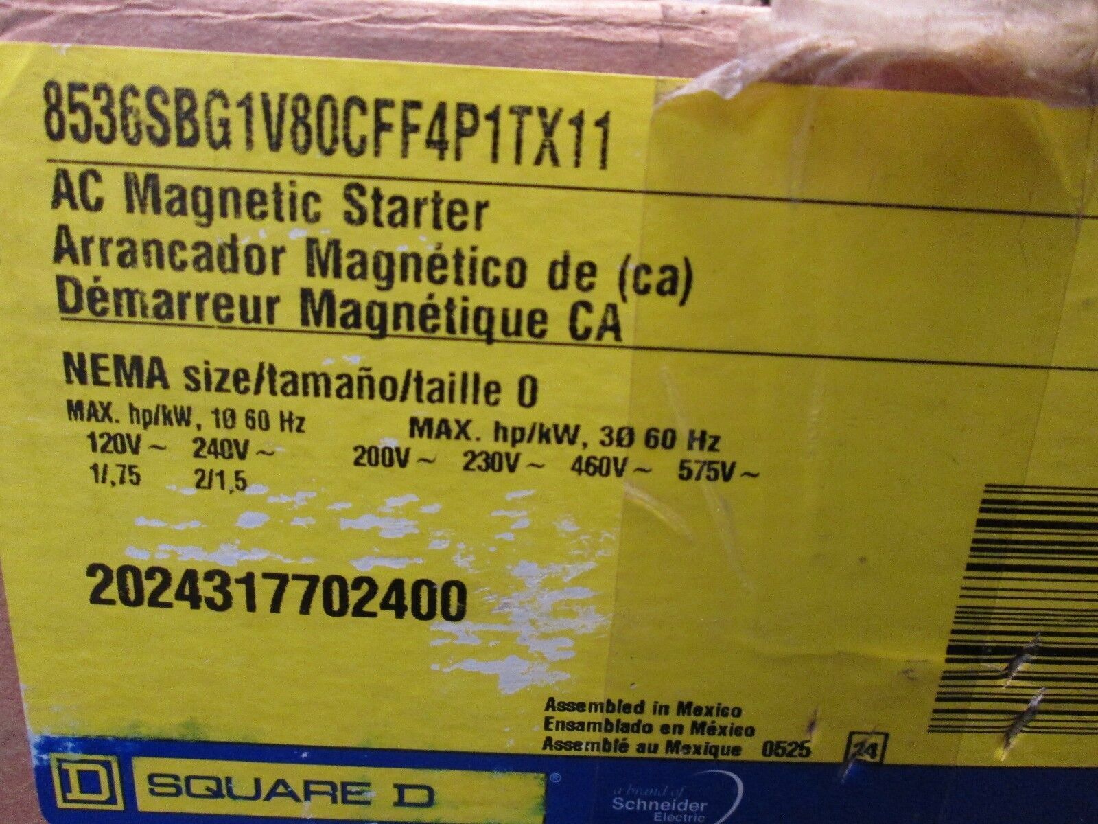 Square D Enclosed Starter 8536SBO1S Size 0 120V 1Ph Nema 1 Enclosure New Surplus